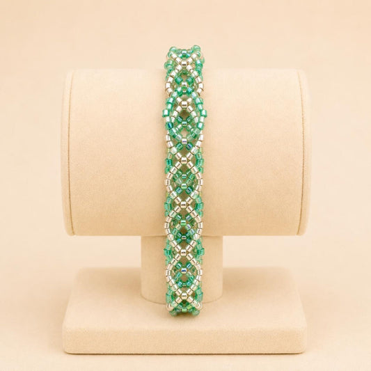 Handmade MINT BREEZE braided bracelet with green and silver Miyuki beads and stainless steel clasp