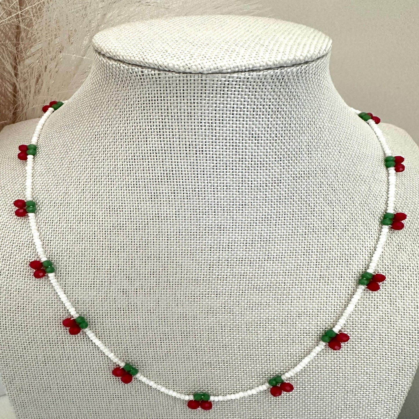 CHERRY DELIGHT Handmade Necklace with white, red, and green glass beads and stainless steel chain