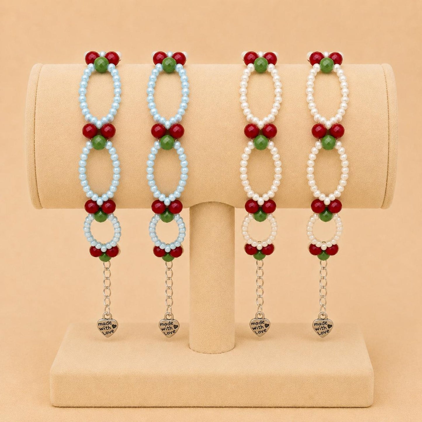 CHERRY BLOOM Handmade Bracelet with red, green, baby blue, and white glass beads on nylon cord with stainless steel clasp