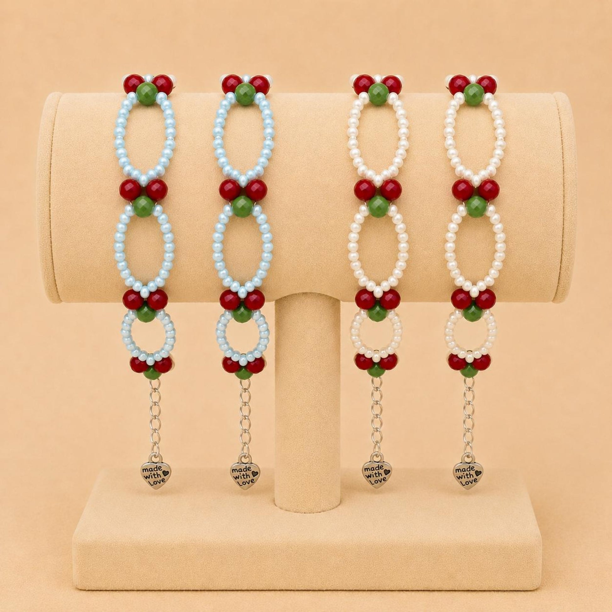 CHERRY BLOOM Handmade Bracelet with red, green, baby blue, and white glass beads on nylon cord with stainless steel clasp