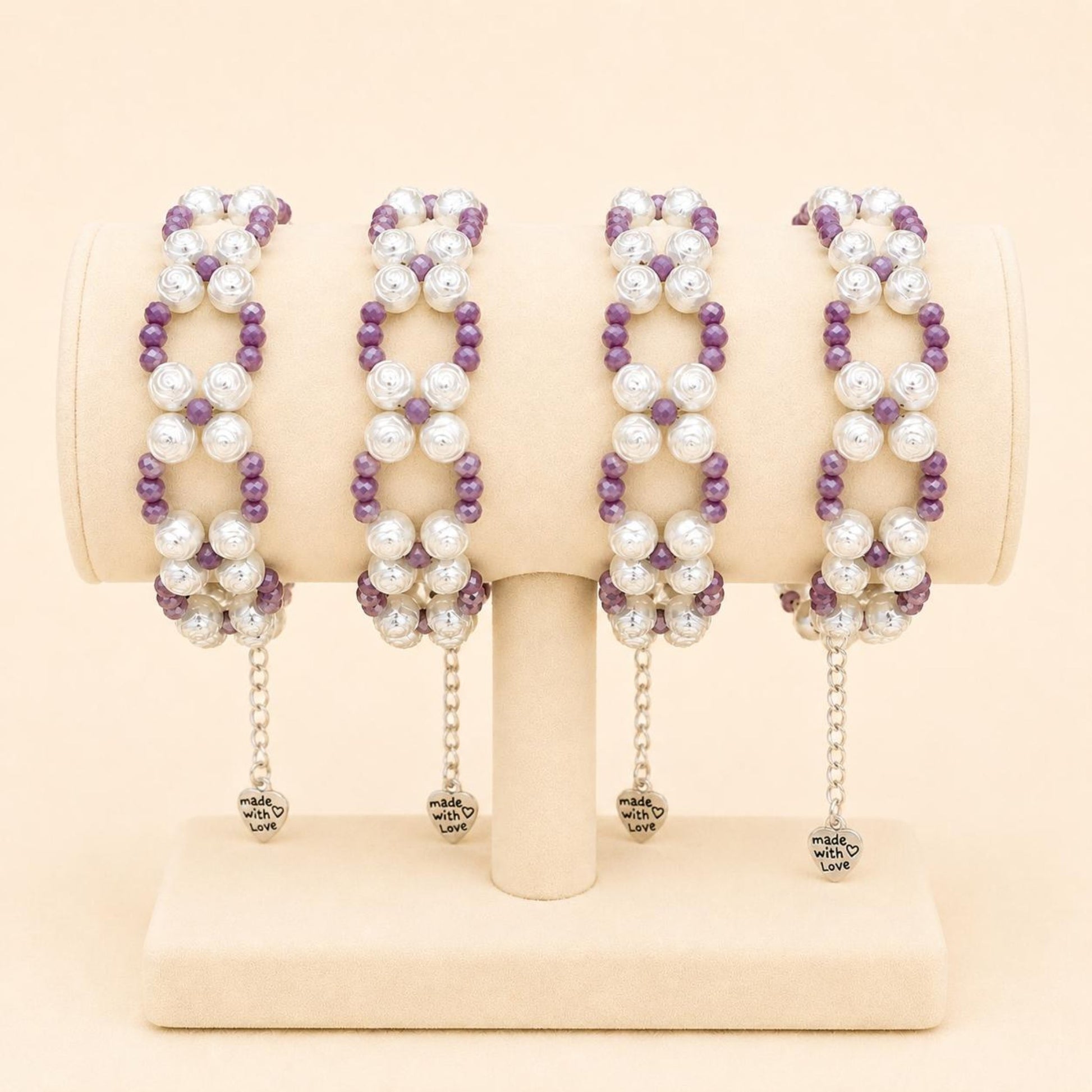 Handmade CALM REFINEMENT bracelet with mauve glass and rose-shaped faux pearl beads on stainless steel chain
