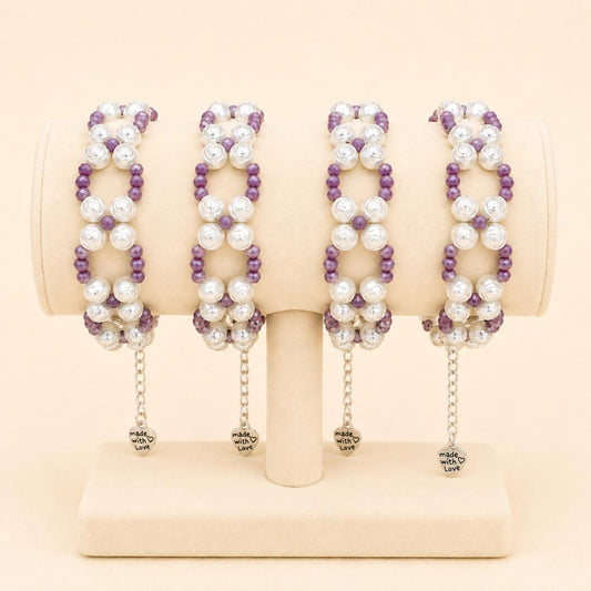 Handmade CALM REFINEMENT bracelet with mauve glass and rose-shaped faux pearl beads on stainless steel chain