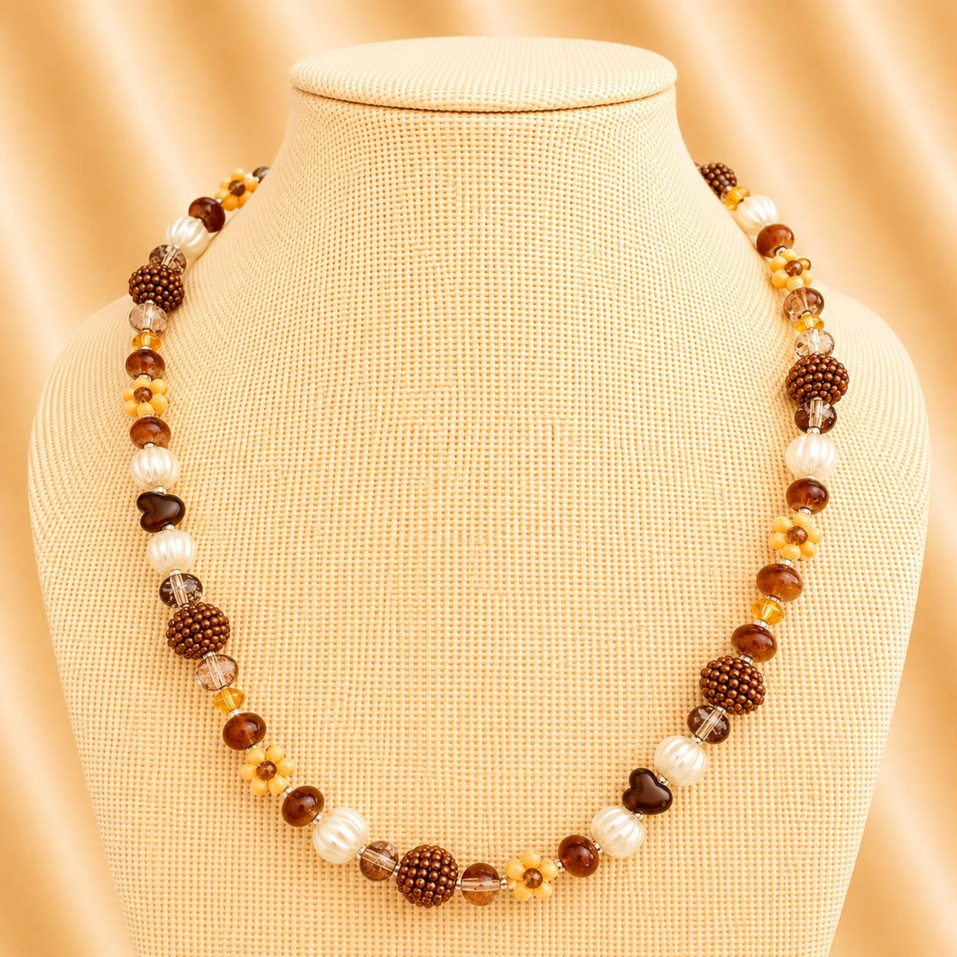 Handmade EARTHY ACCENTS necklace with glass beads, faux pearls, and beaded flowers in earthy tones