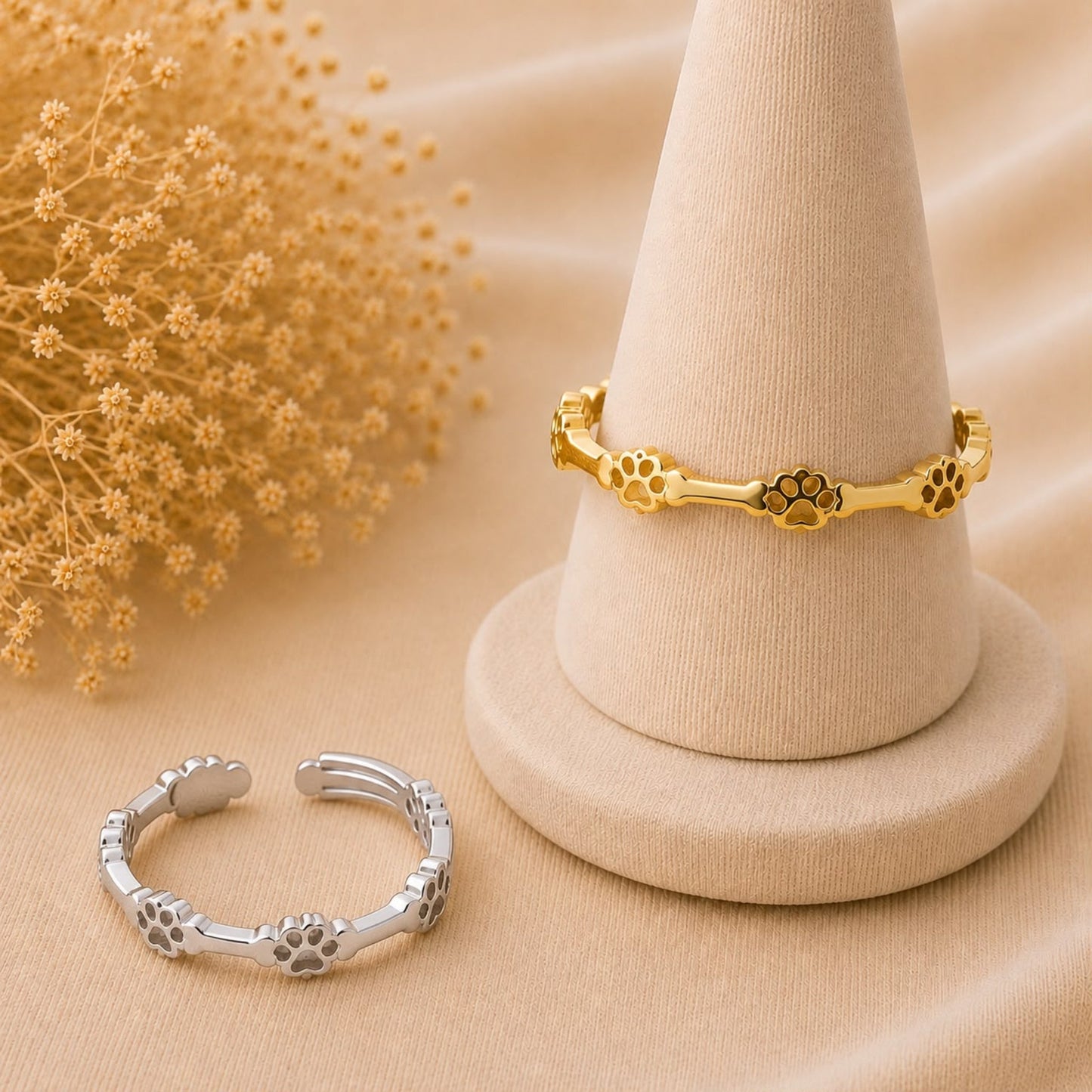 Adjustable stainless steel paw print ring in gold and silver for dog lovers
