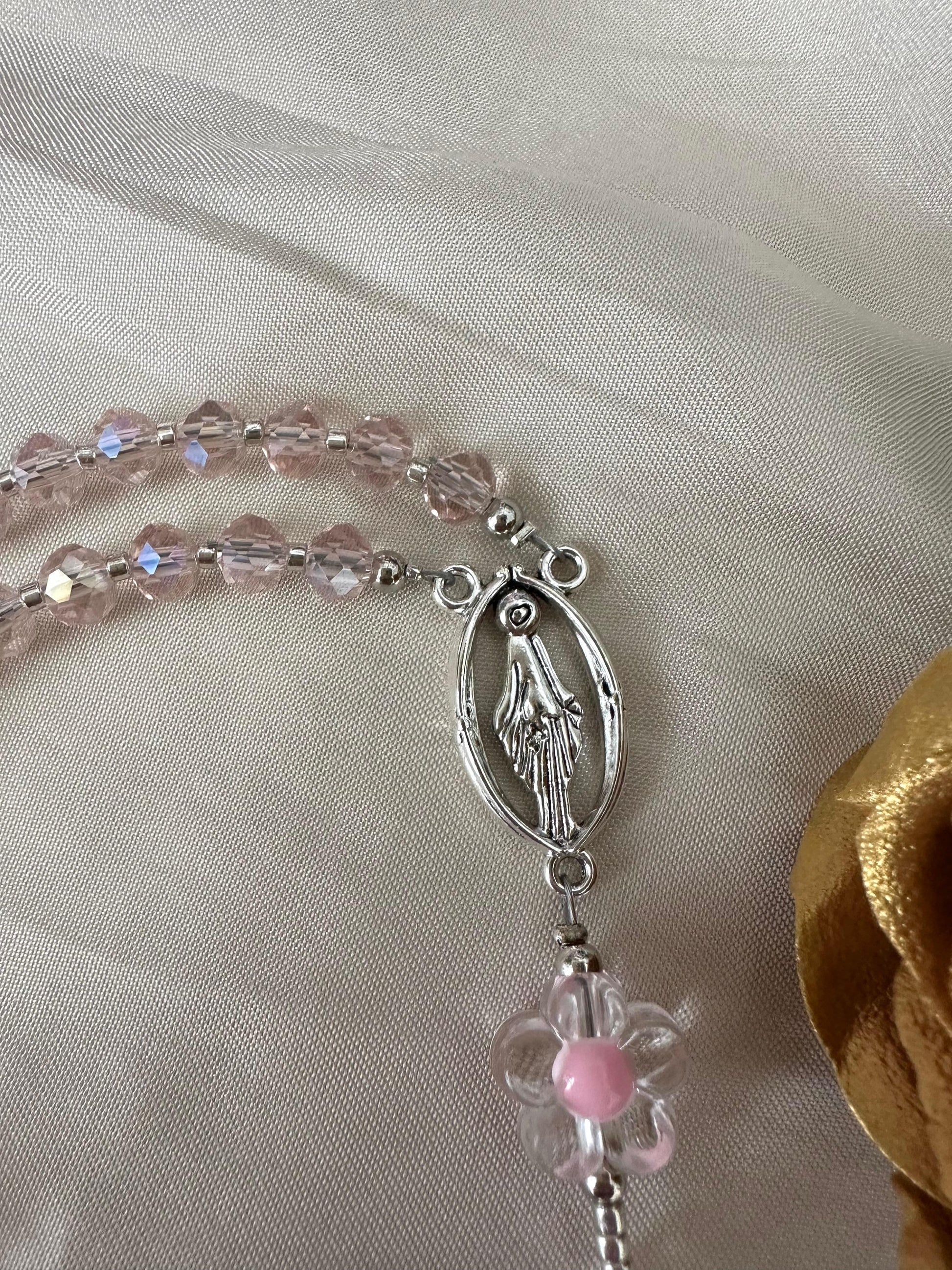 Pink Blossom Handmade Rosary with pink crystal beads, silver tone accents, and floral acrylic beads