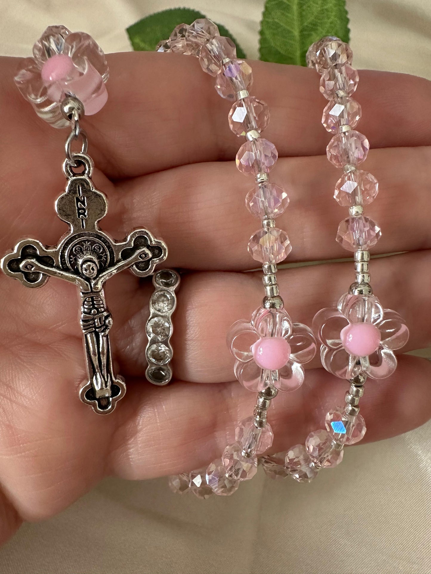 Pink Blossom Handmade Rosary with pink crystal beads and silver crucifix
