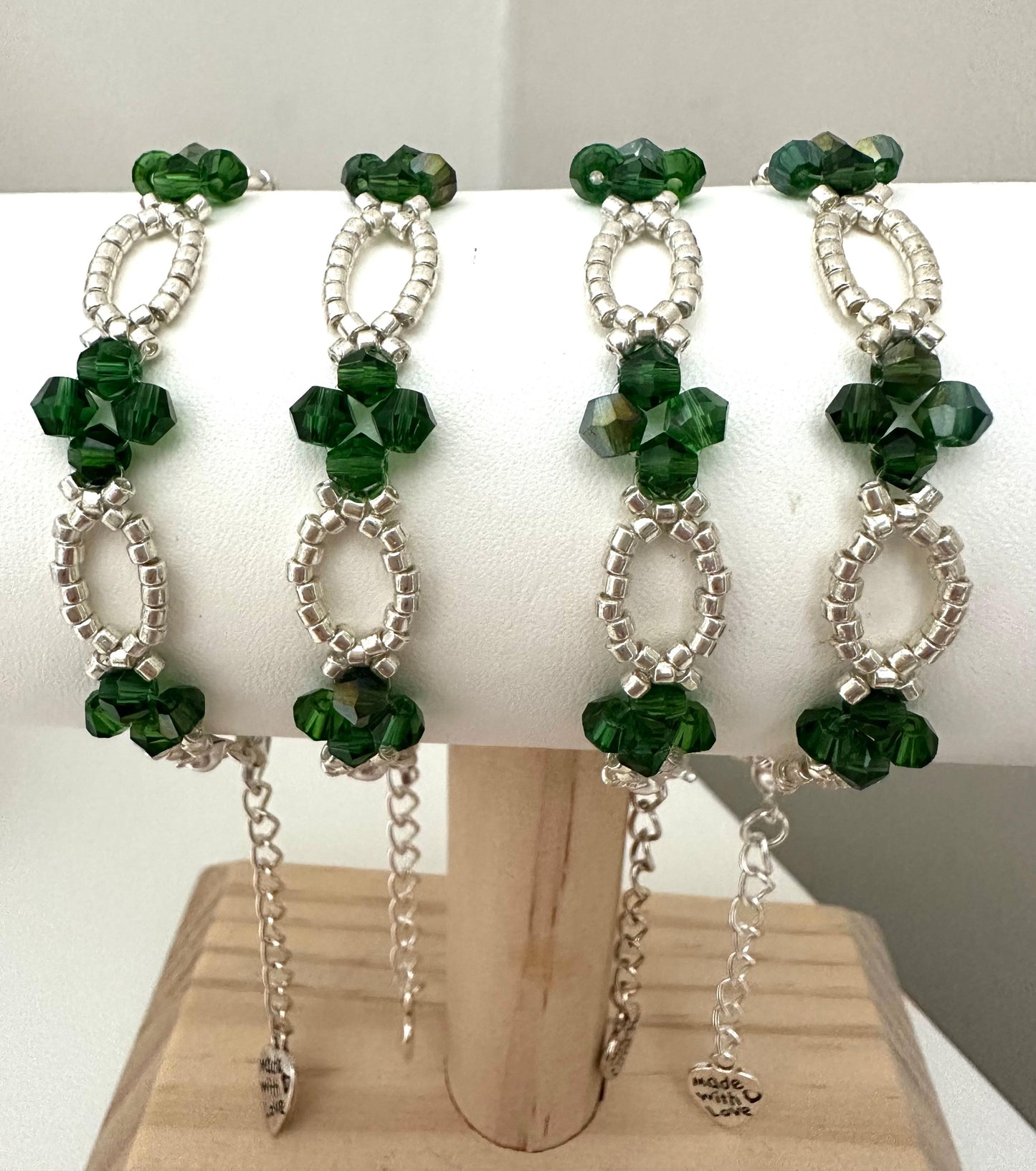 Handmade green crystal and silver bead bracelet with stainless steel clasp and extender chain