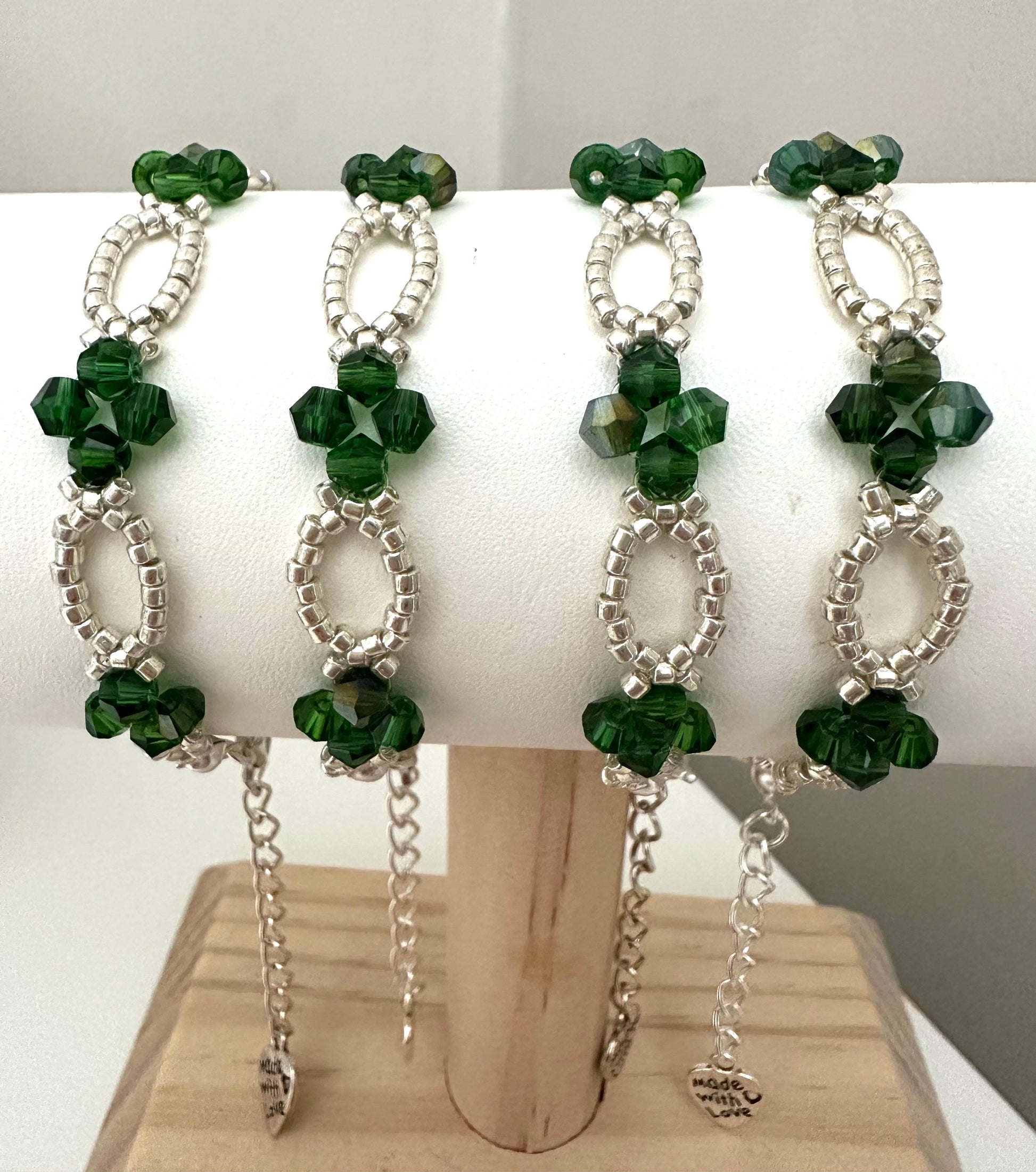 Handmade green crystal and silver bead bracelet with stainless steel clasp and extender chain