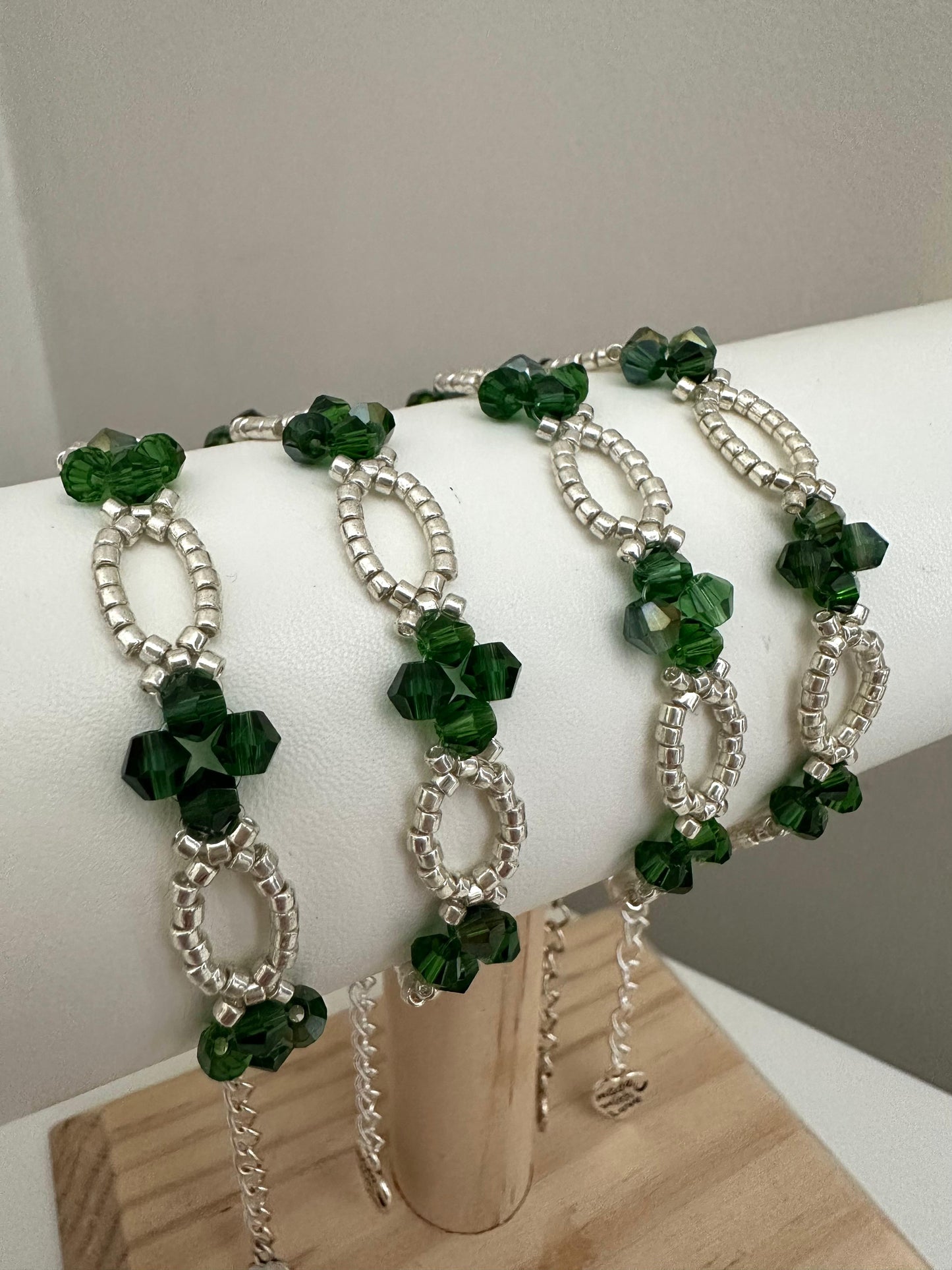 Handmade green crystal and silver bead bracelet with stainless steel chain and clasp