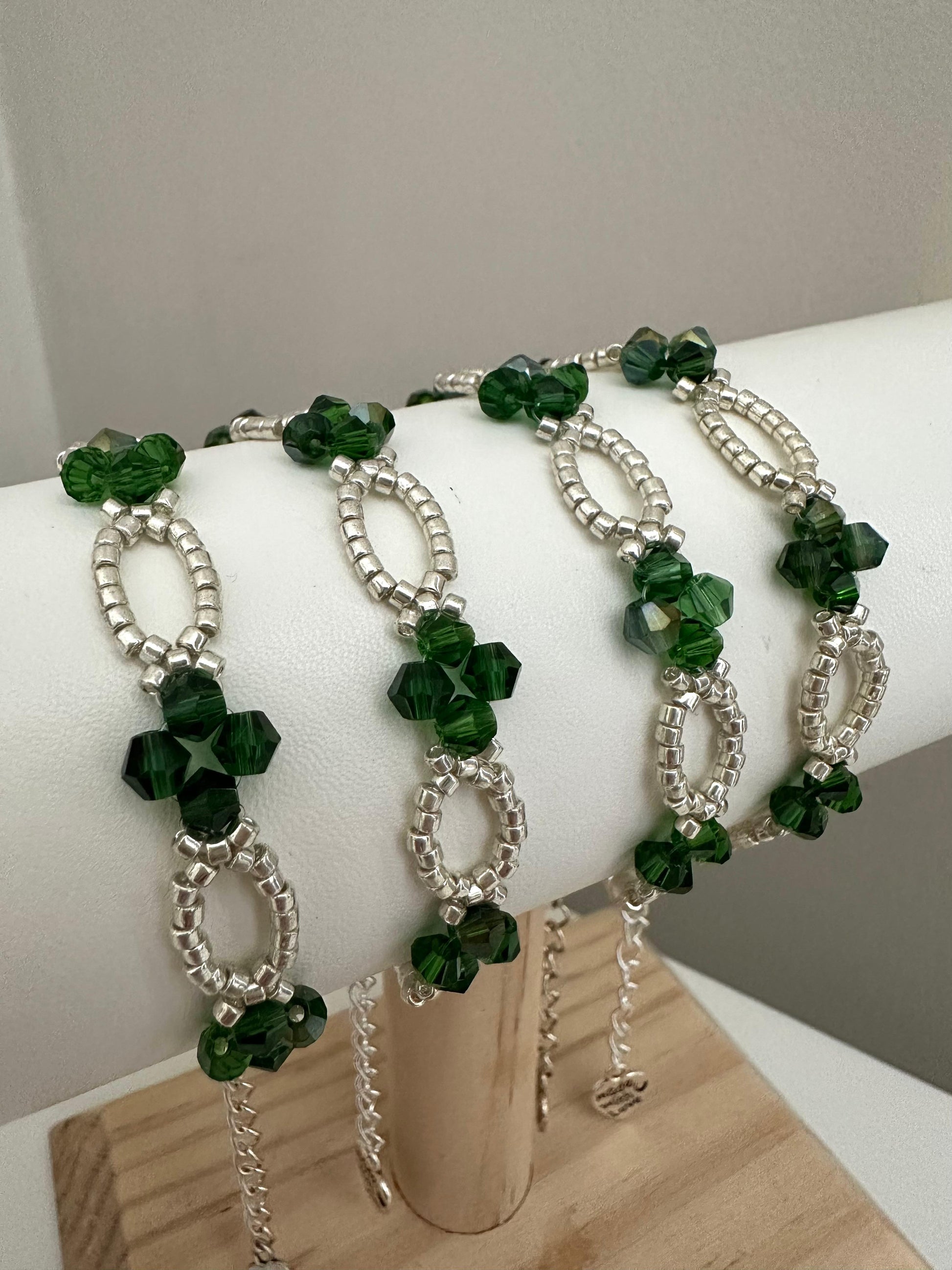 Handmade green crystal and silver bead bracelet with stainless steel chain and clasp