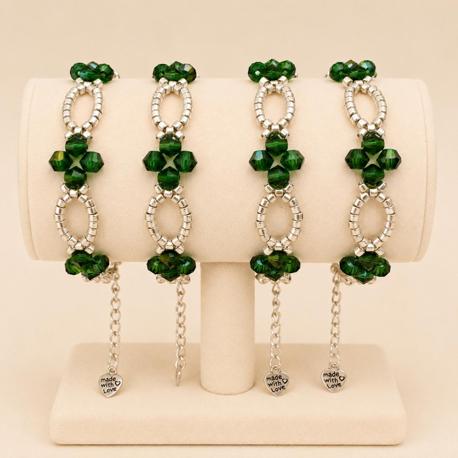 Handmade green crystal and silver bead bracelet with stainless steel clasp and adjustable chain