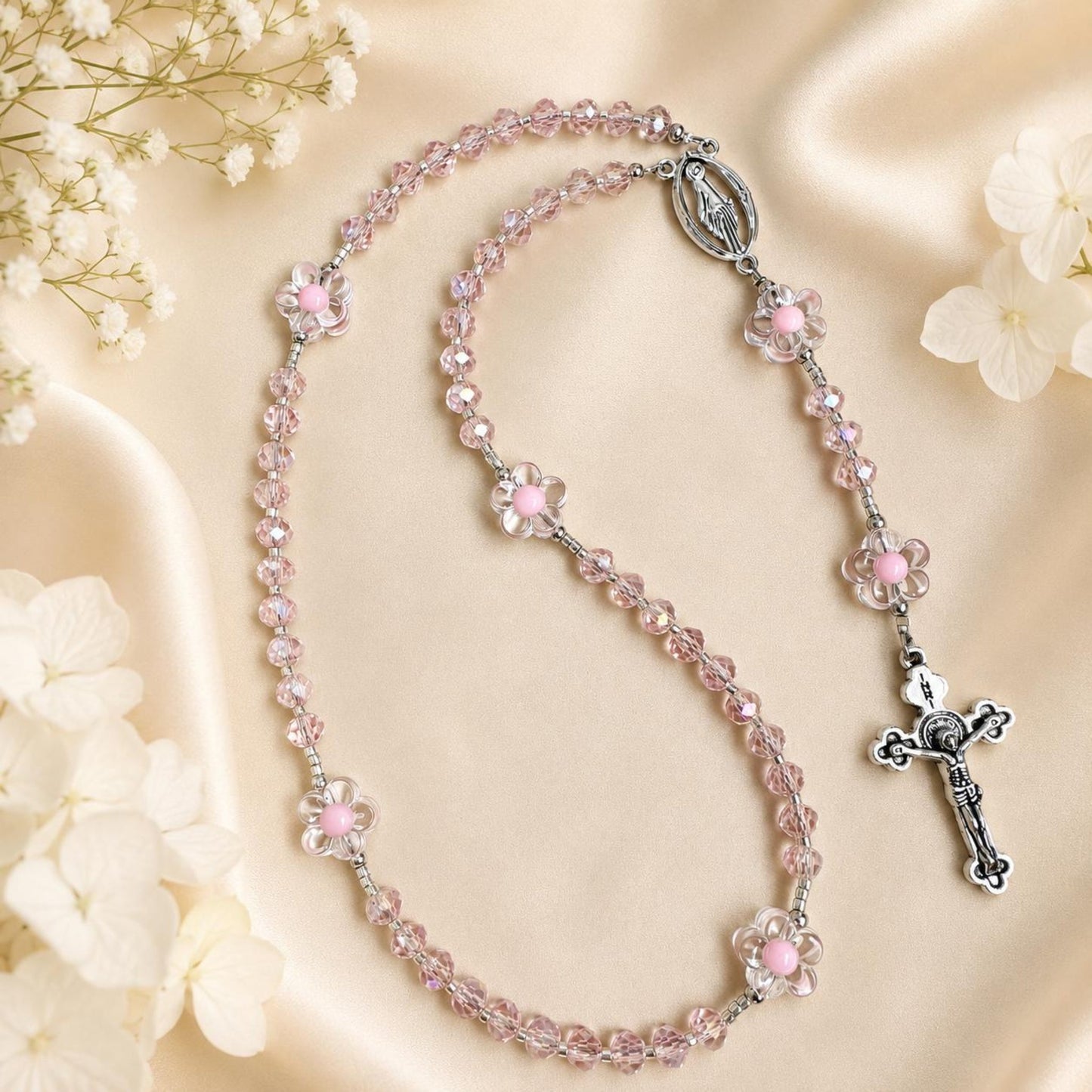 Pink Blossom Handmade Rosary with pink crystal beads, acrylic flower beads, and silver tone crucifix.