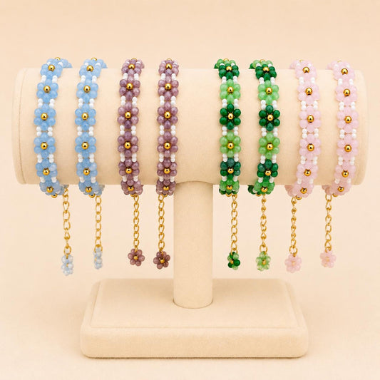 Handmade FLORAL WEAVE bracelet with colorful glass beads and gold accents