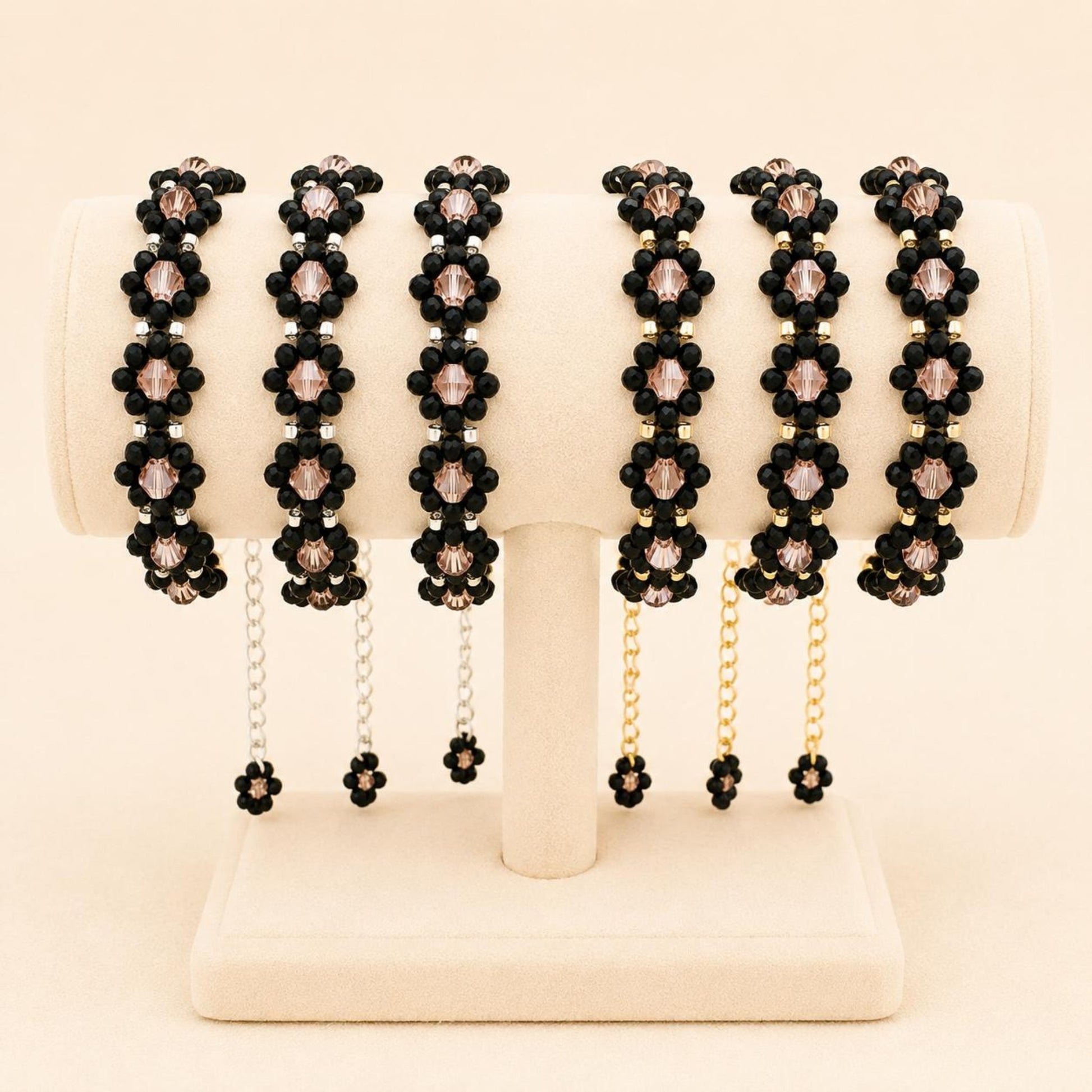 Handmade dark floral bracelet with black and pink beads and gold or silver accents