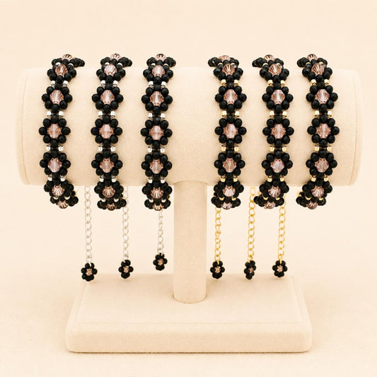 Handmade dark floral bracelet with black and pink beads and gold or silver accents