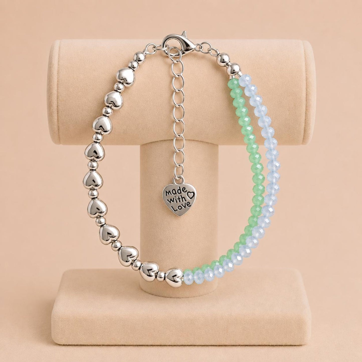 Handmade OCEAN BREEZE bracelet with blue and green crystal glass beads, silver accents, and adjustable stainless steel clasp