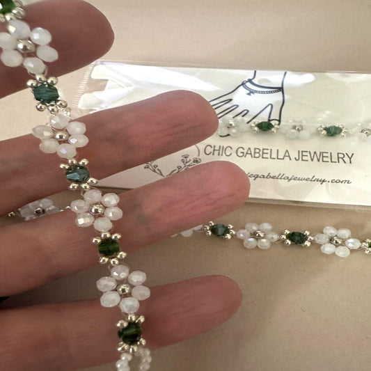 WHITE PETALS AND GREEN GEMS Handmade Bracelet