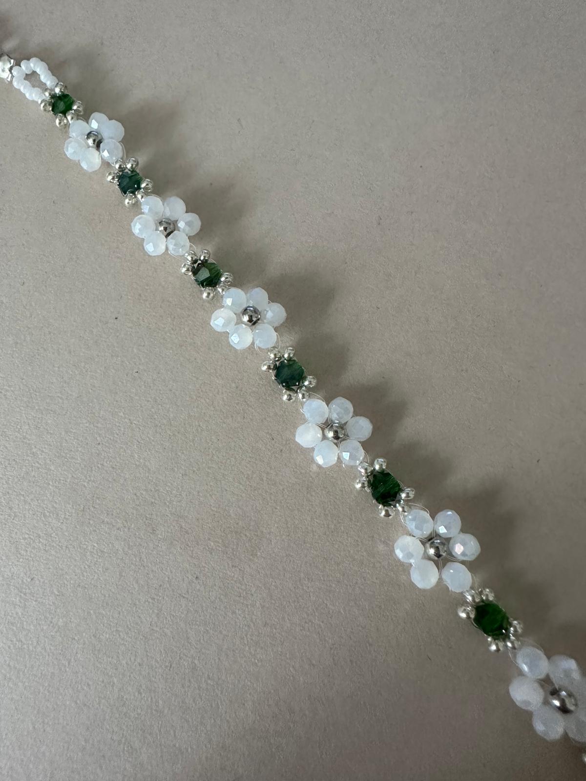 WHITE PETALS AND GREEN GEMS Handmade Bracelet