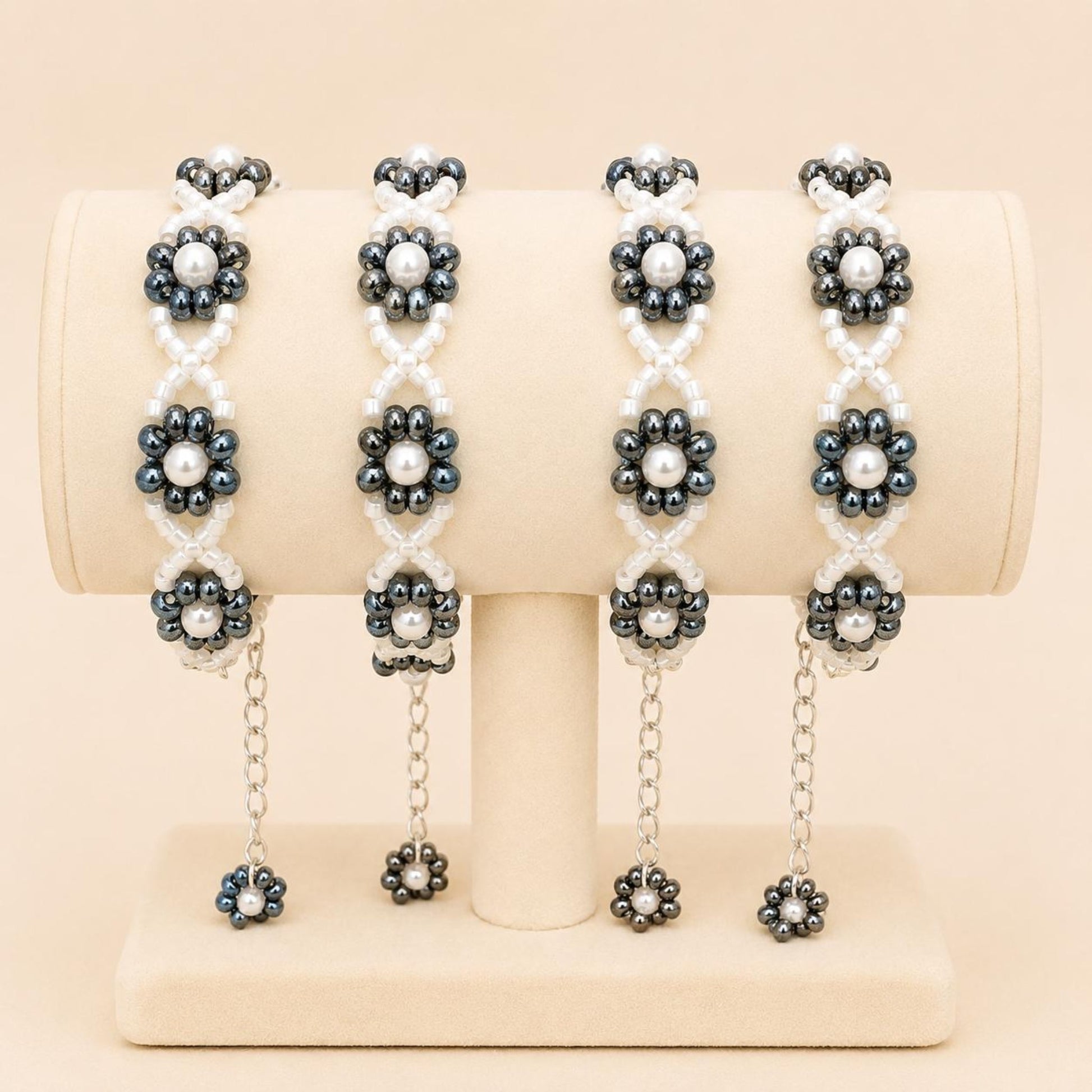 Handmade gray garden delight bracelet with faux pearls and Miyuki beads on stainless steel chain