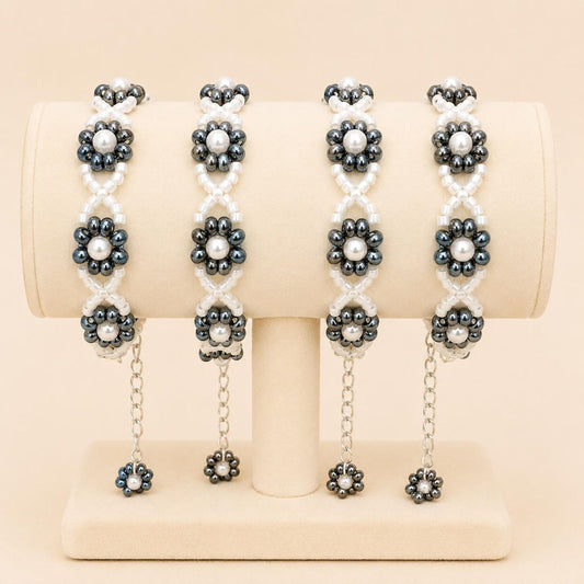 Handmade gray garden delight bracelet with faux pearls and Miyuki beads on stainless steel chain