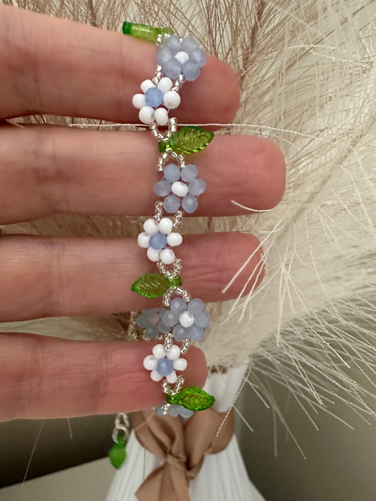 Handmade EVERYDAY FLORAL bracelet with white and blue glass beads and silver accents