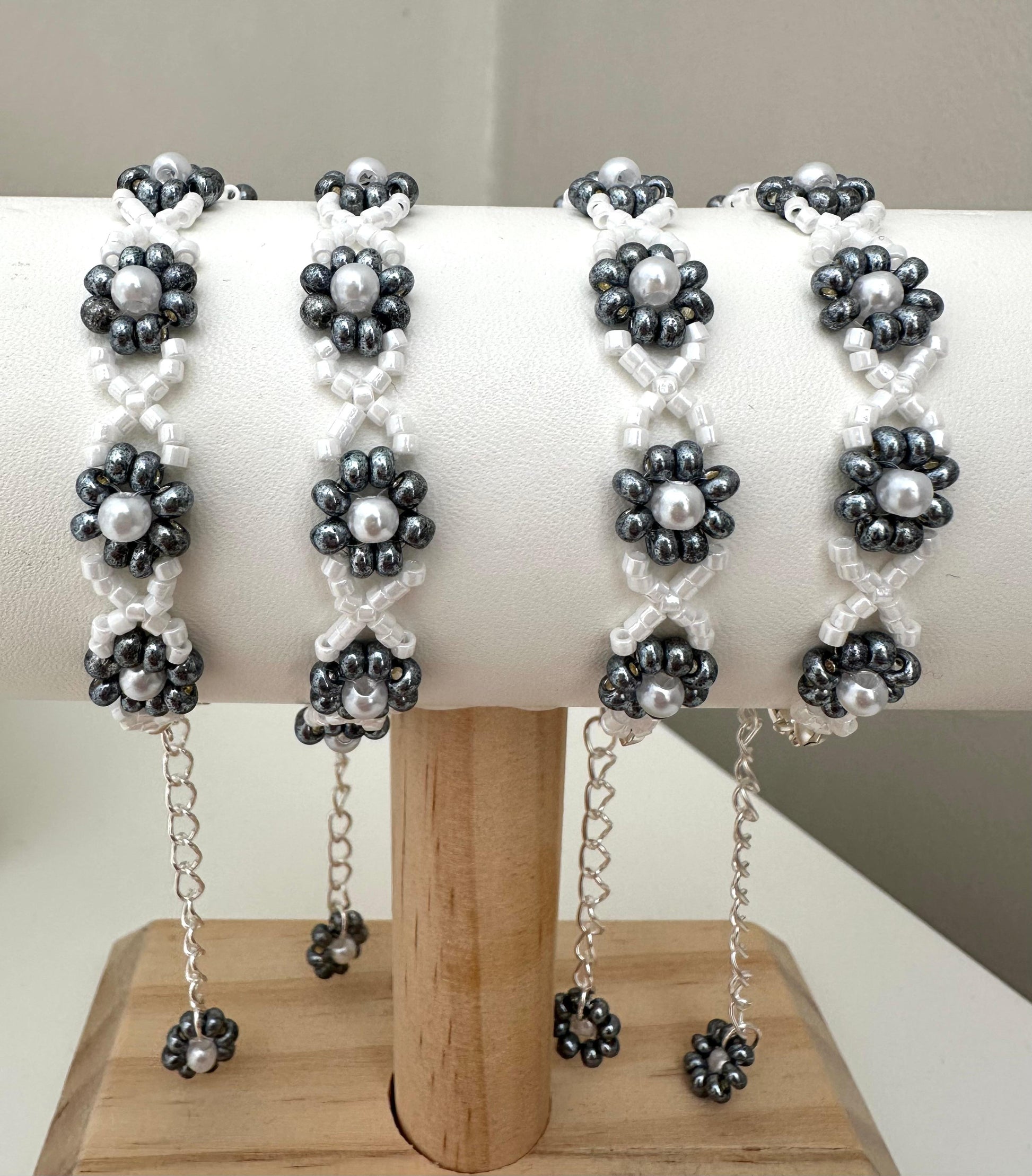 Handmade gray garden delight bracelet with faux pearls and Miyuki beads on stainless steel chain