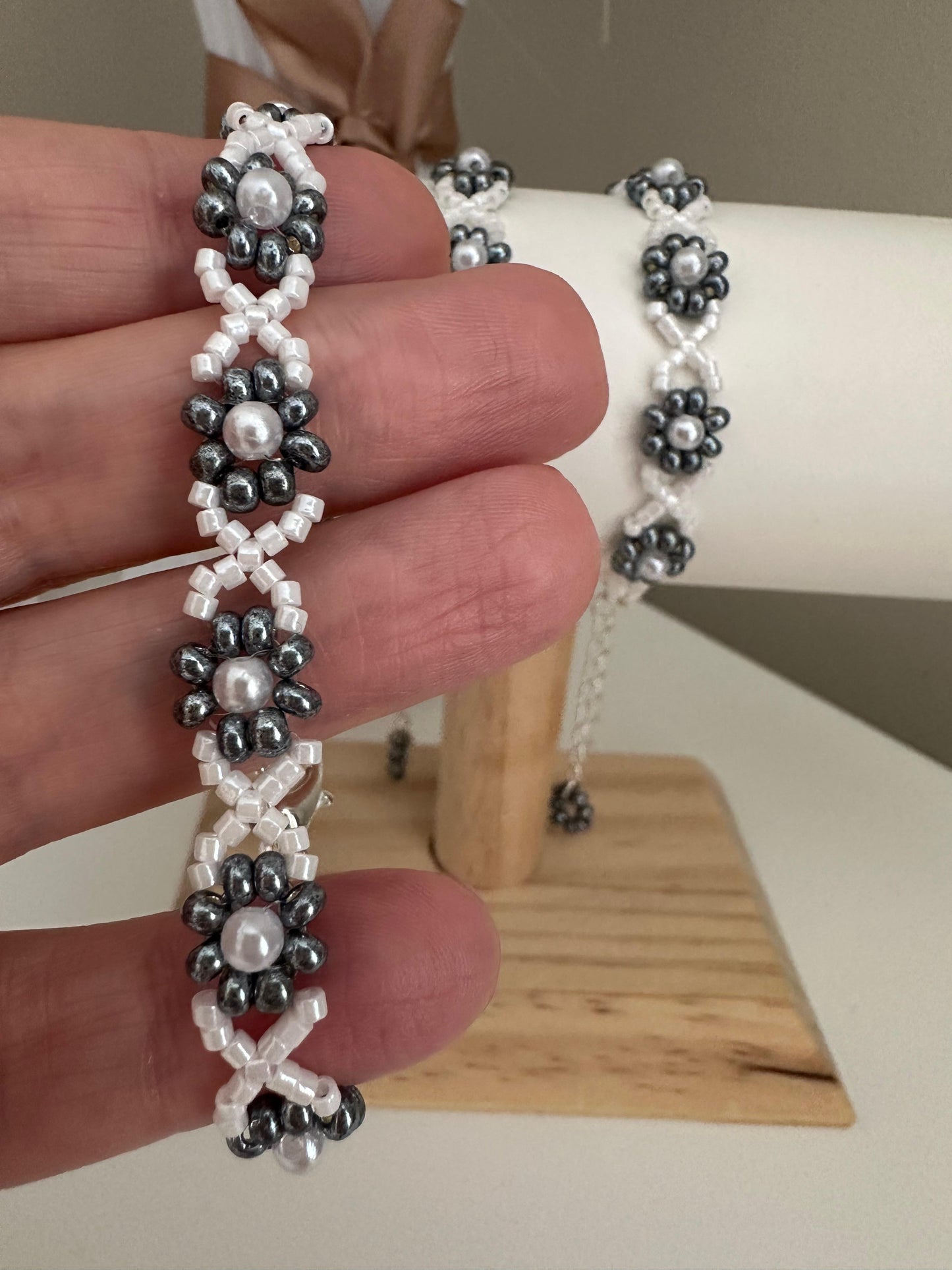 Handmade gray and white faux pearl bracelet with stainless steel clasp and extender chain