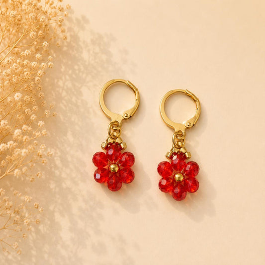 Red Glow golden earrings with red crystal and gold beads, 18K gold-plated hooks, elegant handmade jewelry