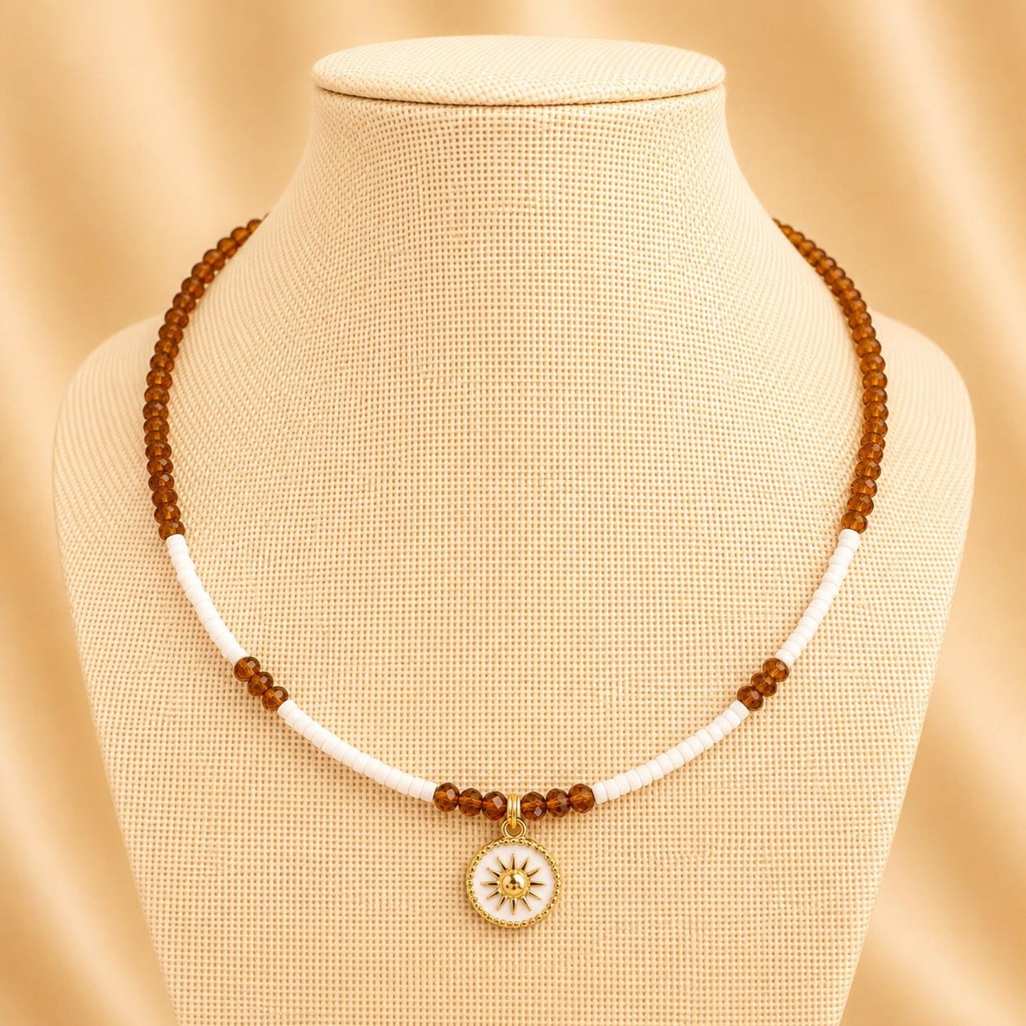 COCOA DREAM handmade necklace with brown crystal and white Miyuki beads on gold-plated chain