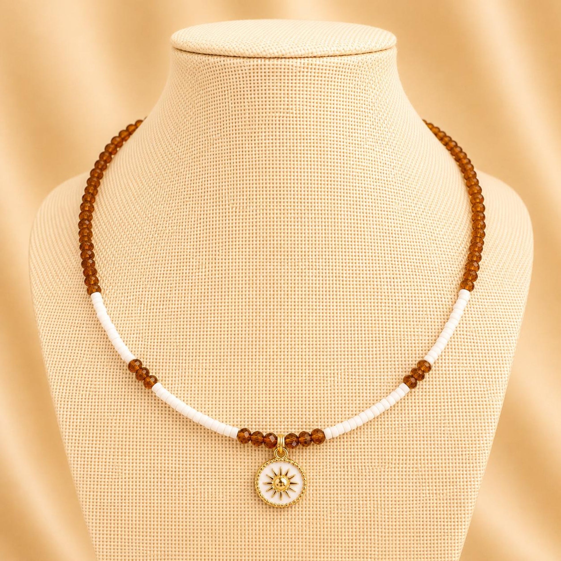 COCOA DREAM handmade necklace with brown crystal and white Miyuki beads on gold-plated chain