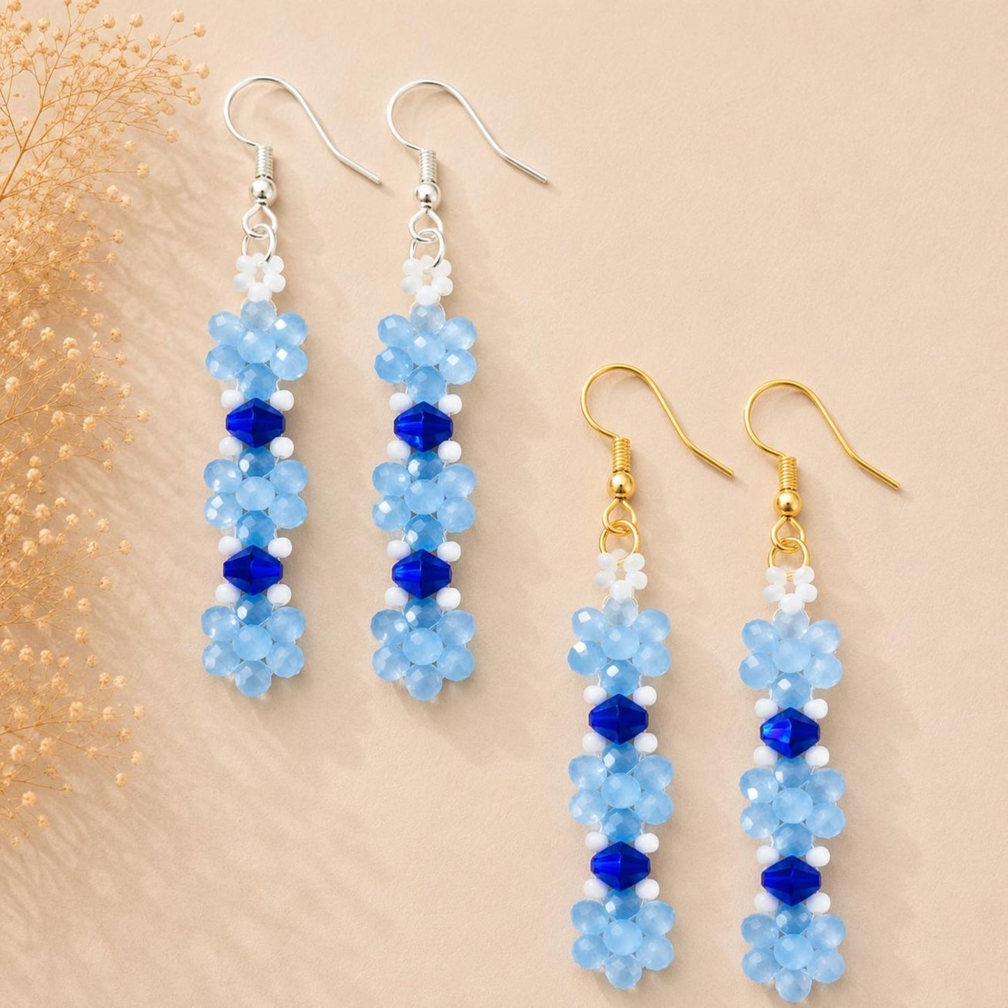 Handcrafted OCEAN PETALS earrings with blue and indigo glass beads, sterling silver hooks in gold or silver finish