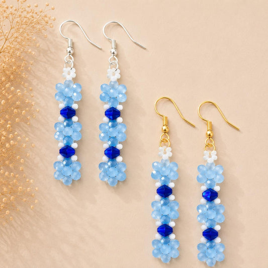Handcrafted OCEAN PETALS earrings with blue and indigo glass beads, sterling silver hooks in gold or silver finish