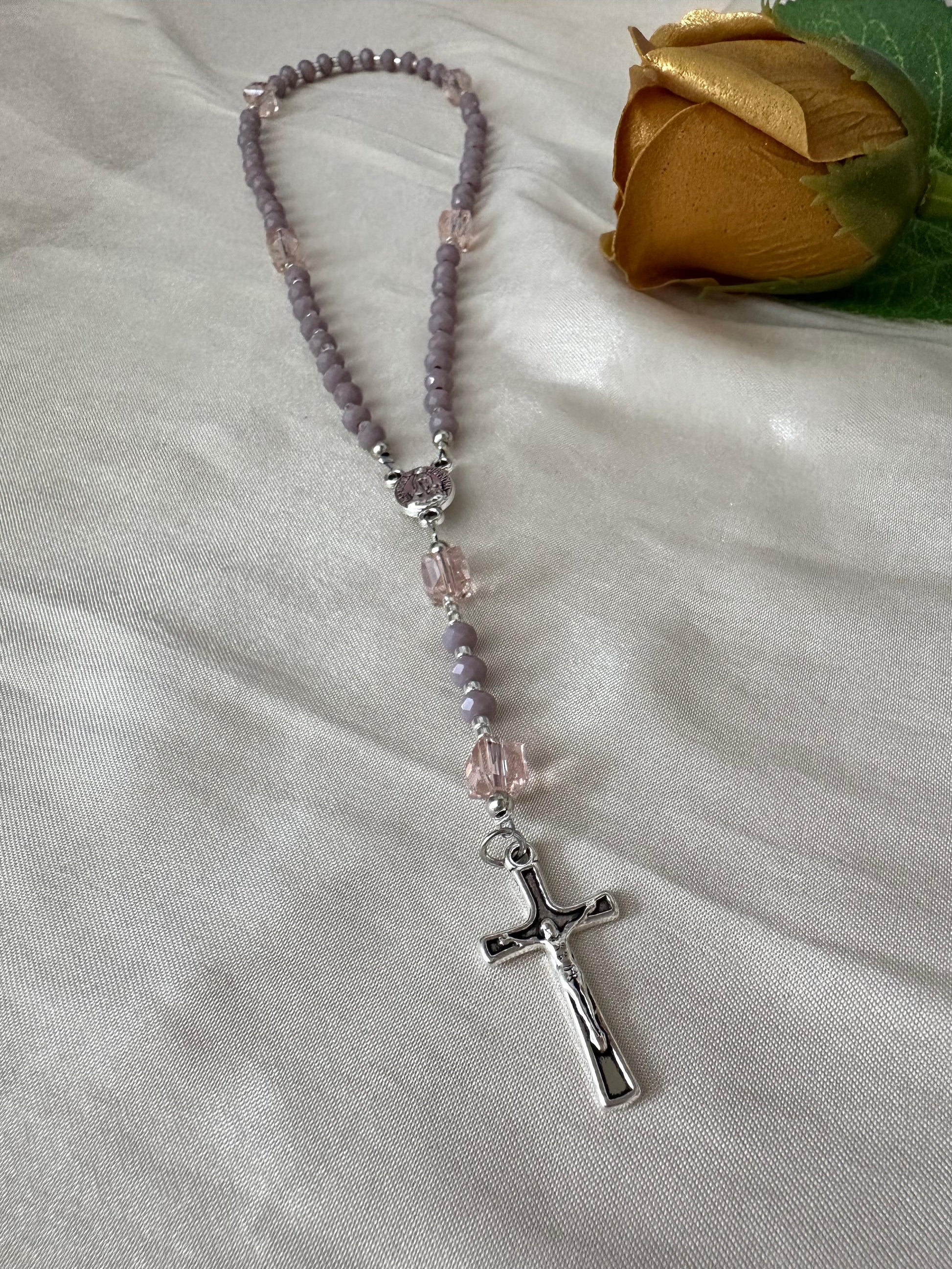 Handcrafted lilac and pink crystal glass bead rosary with silver tone crucifix and centerpiece