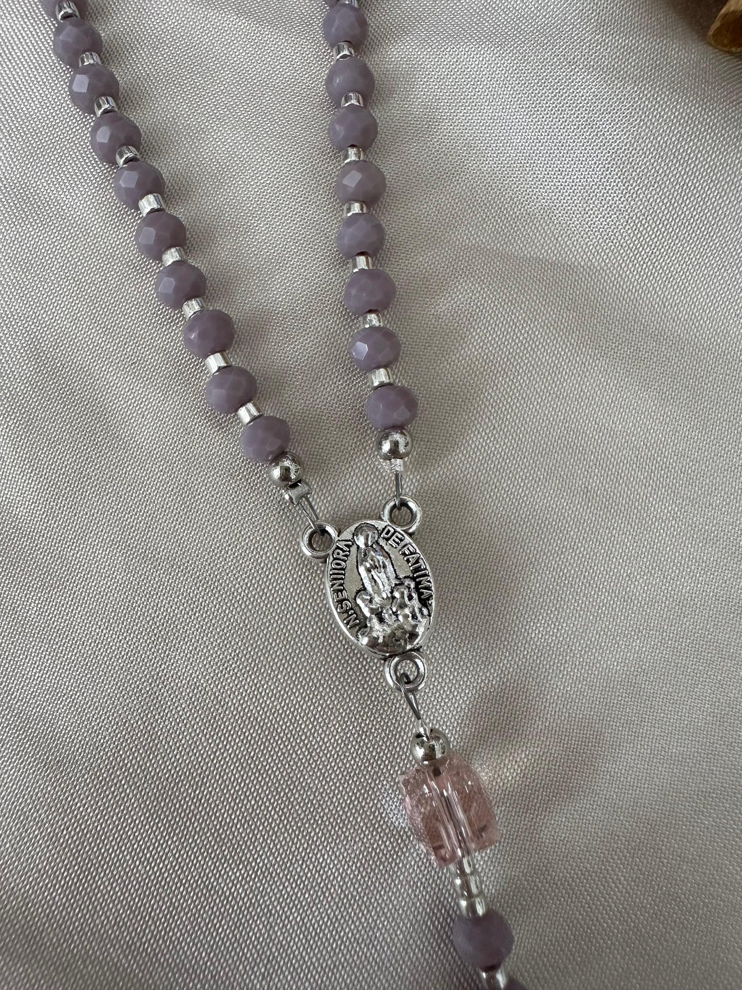 Lilac Grace handmade rosary with lilac and pink glass beads and silver tone crucifix