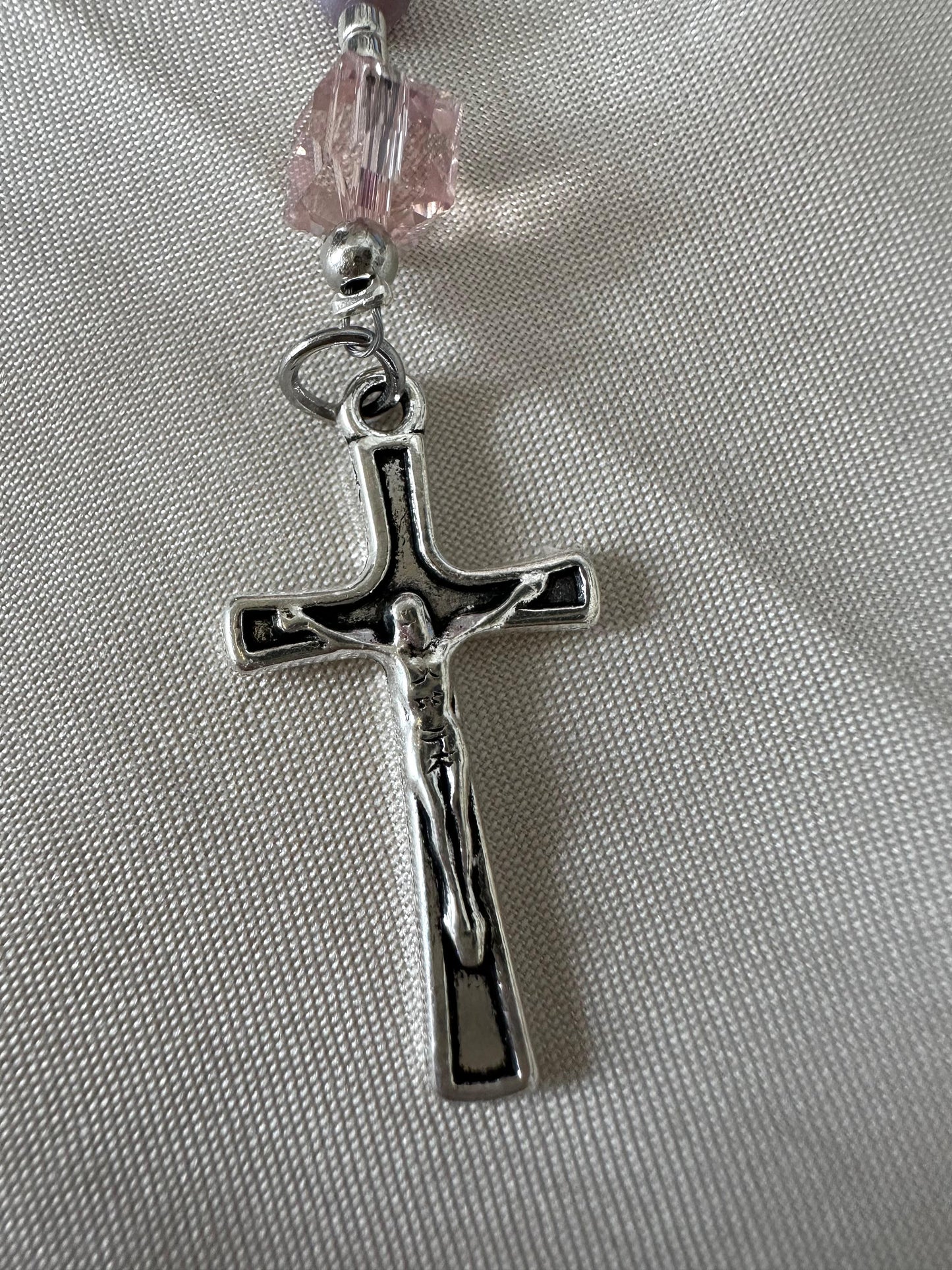 Lilac Grace handmade rosary with lilac glass beads, pink crystal beads, and silver tone crucifix