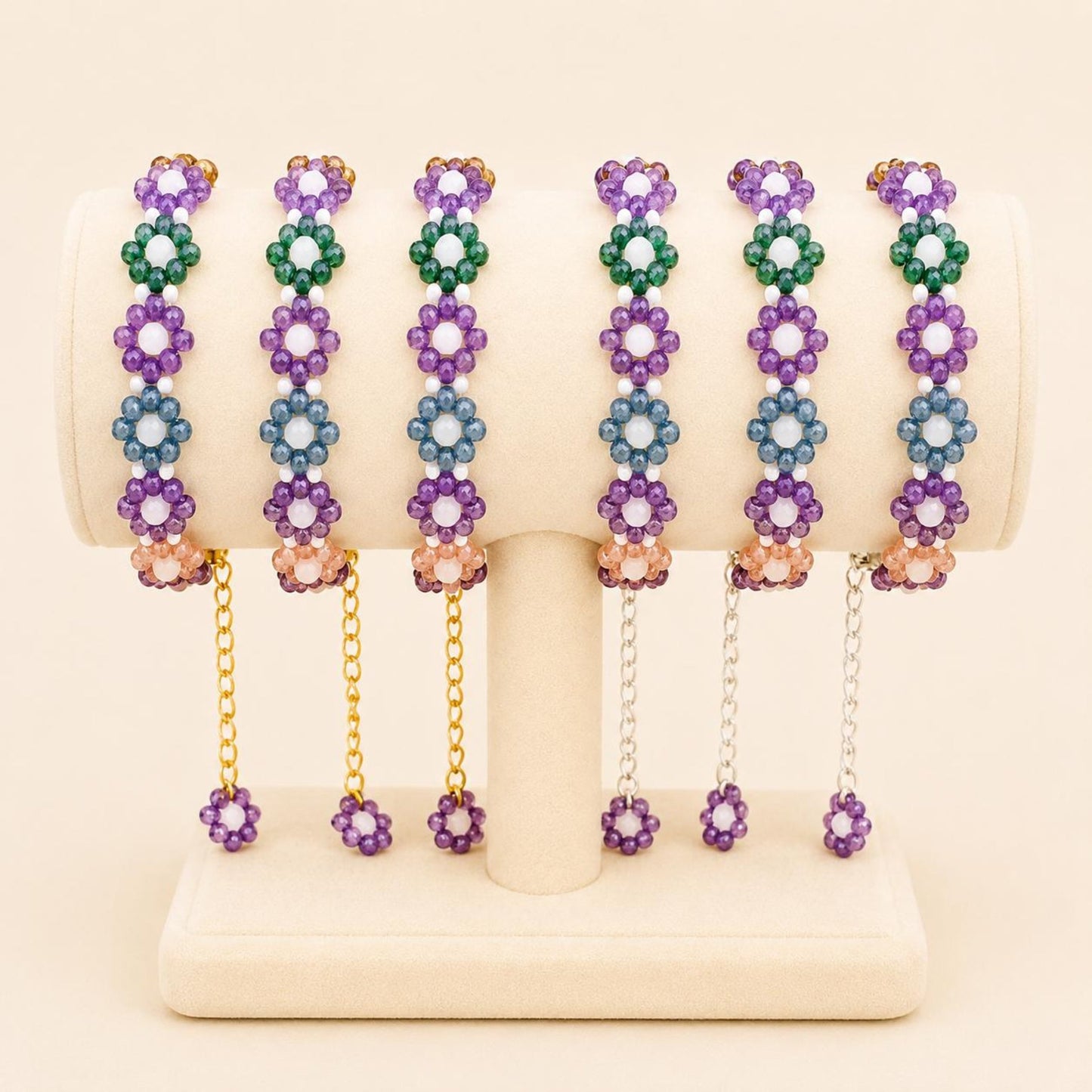 Handmade bracelet with colorful glass petals beads in gold and silver options