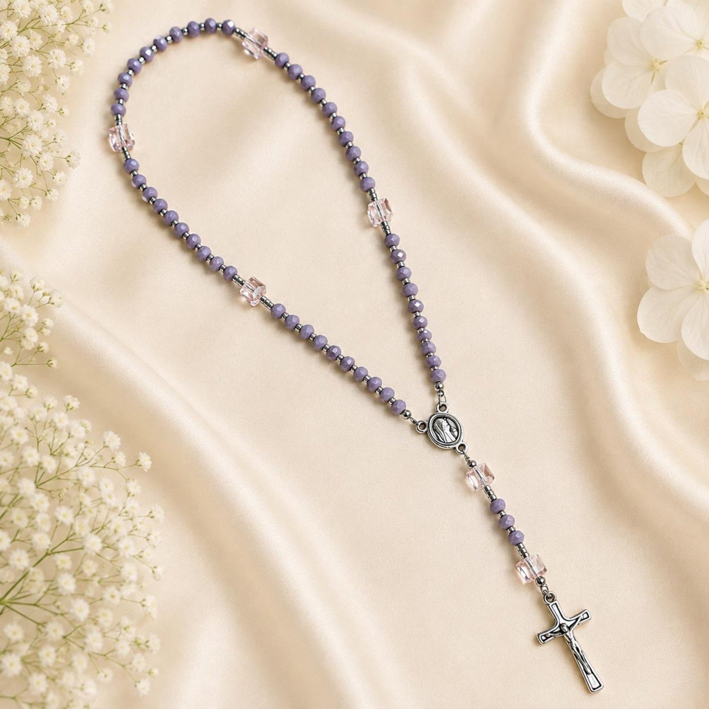 Handmade Lilac Grace rosary with lilac glass beads and silver crucifix for prayer and reflection