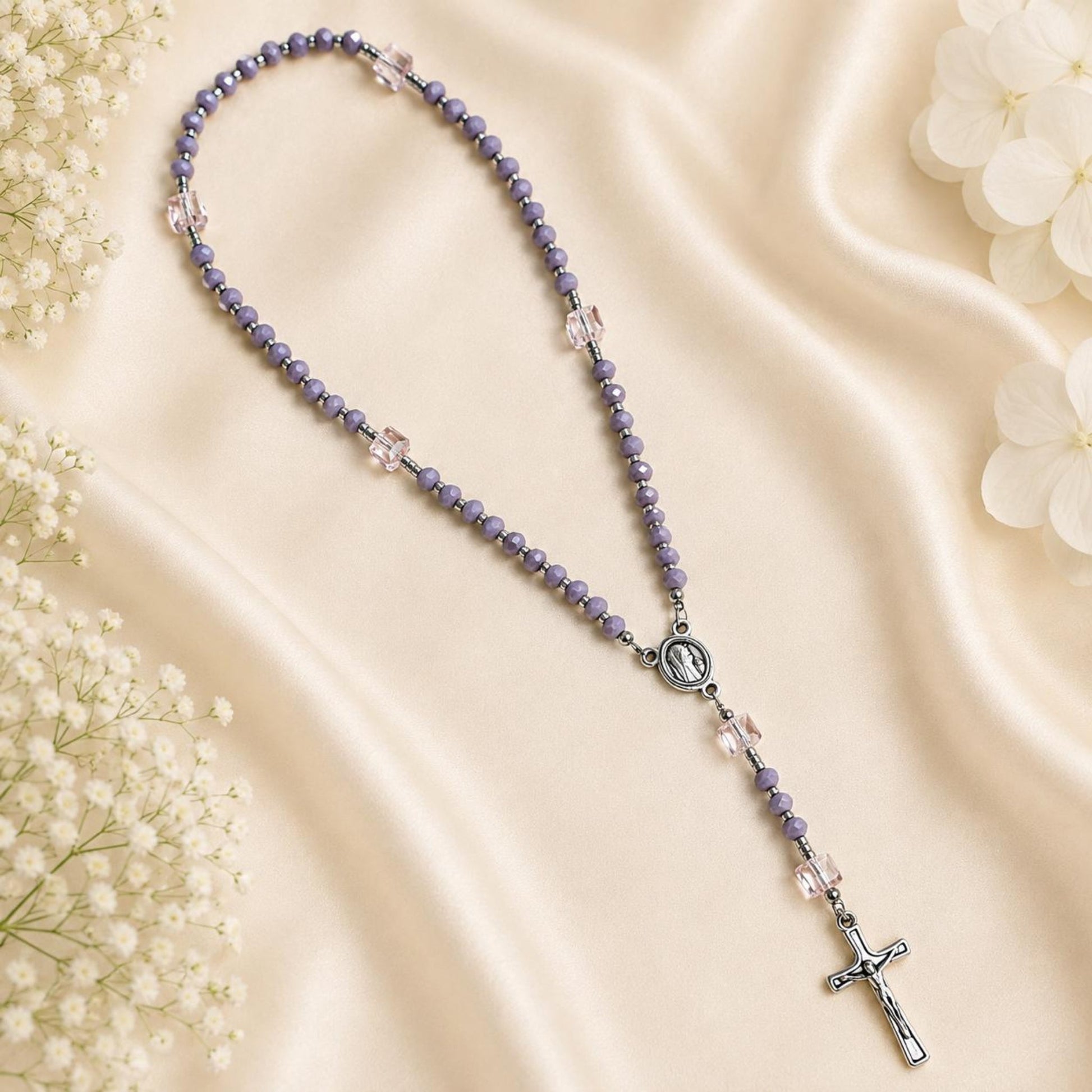 Handmade Lilac Grace rosary with lilac glass beads and silver crucifix for prayer and reflection