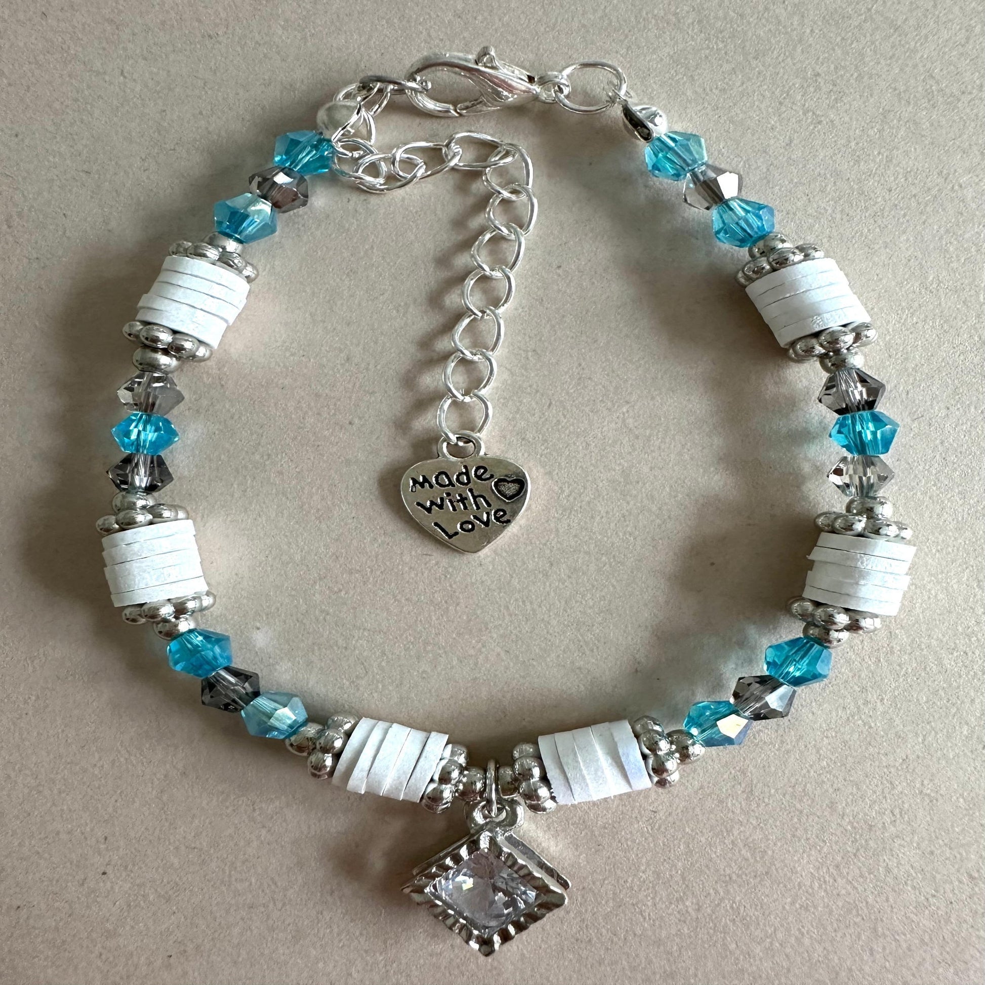 SOFT HARMONY Handmade Bracelet with grey and turquoise crystal beads and silver accents