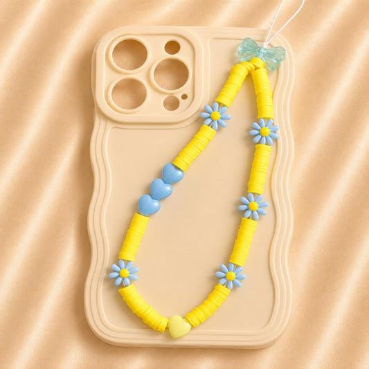 Handmade blue daisy phone charm with beads for phone, AirPods, or bag accessory
