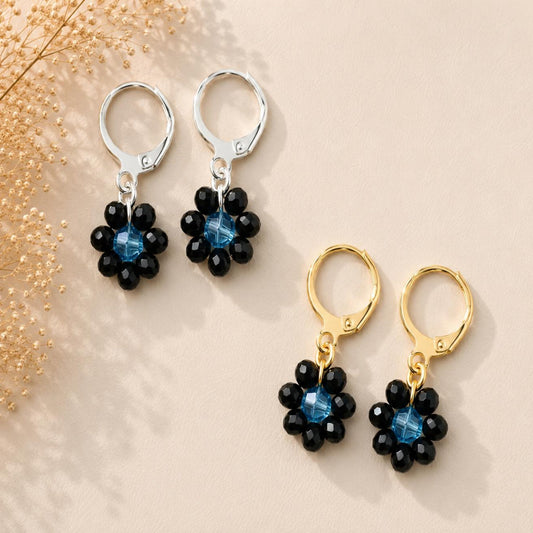 Turquoise Night Bloom earrings with gold or silver stainless steel hoops and turquoise crystal beads