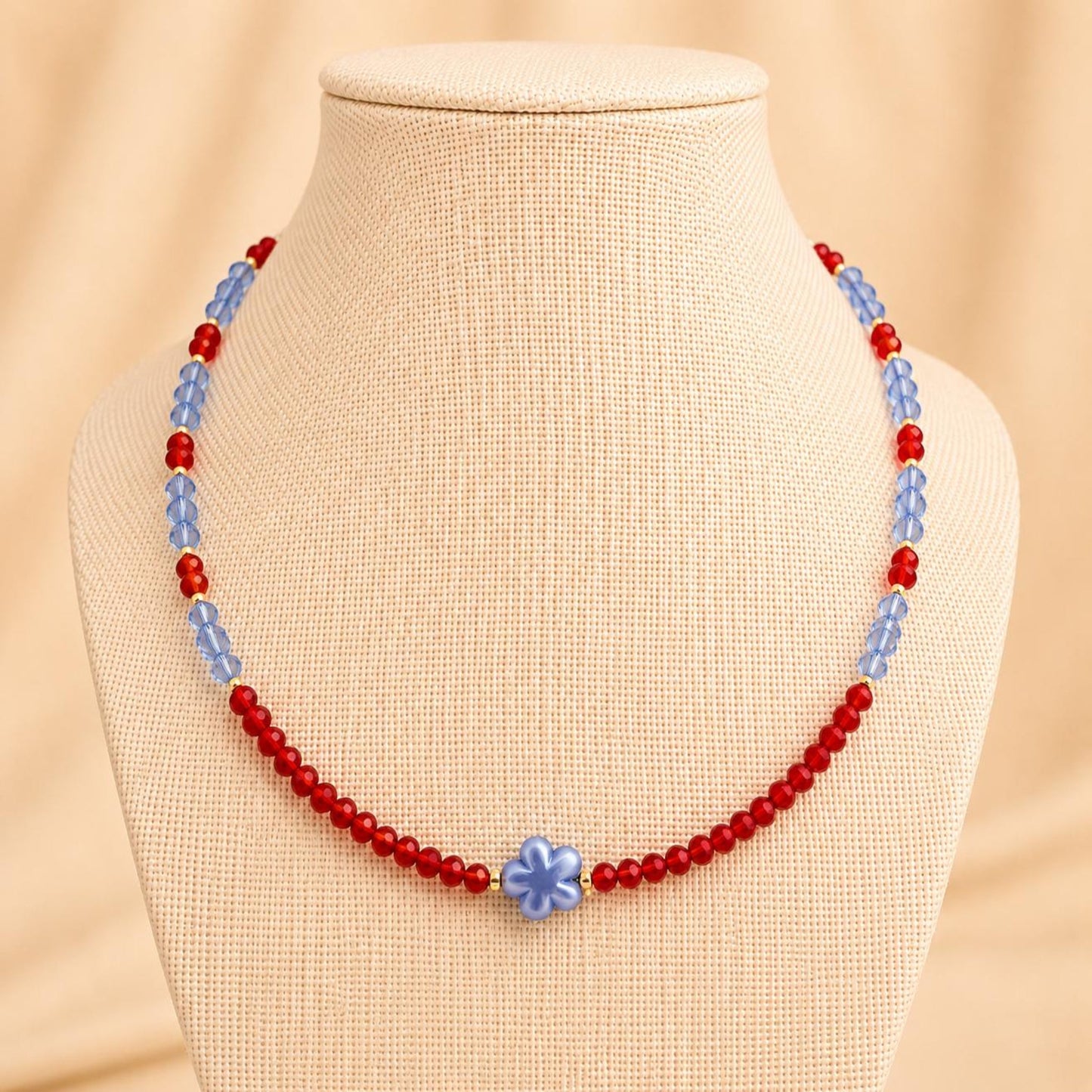 Handmade ADDISON necklace with blue flower ceramic bead and gold-plated chain