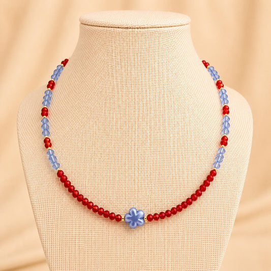 Handmade ADDISON necklace with blue flower ceramic bead and gold-plated chain