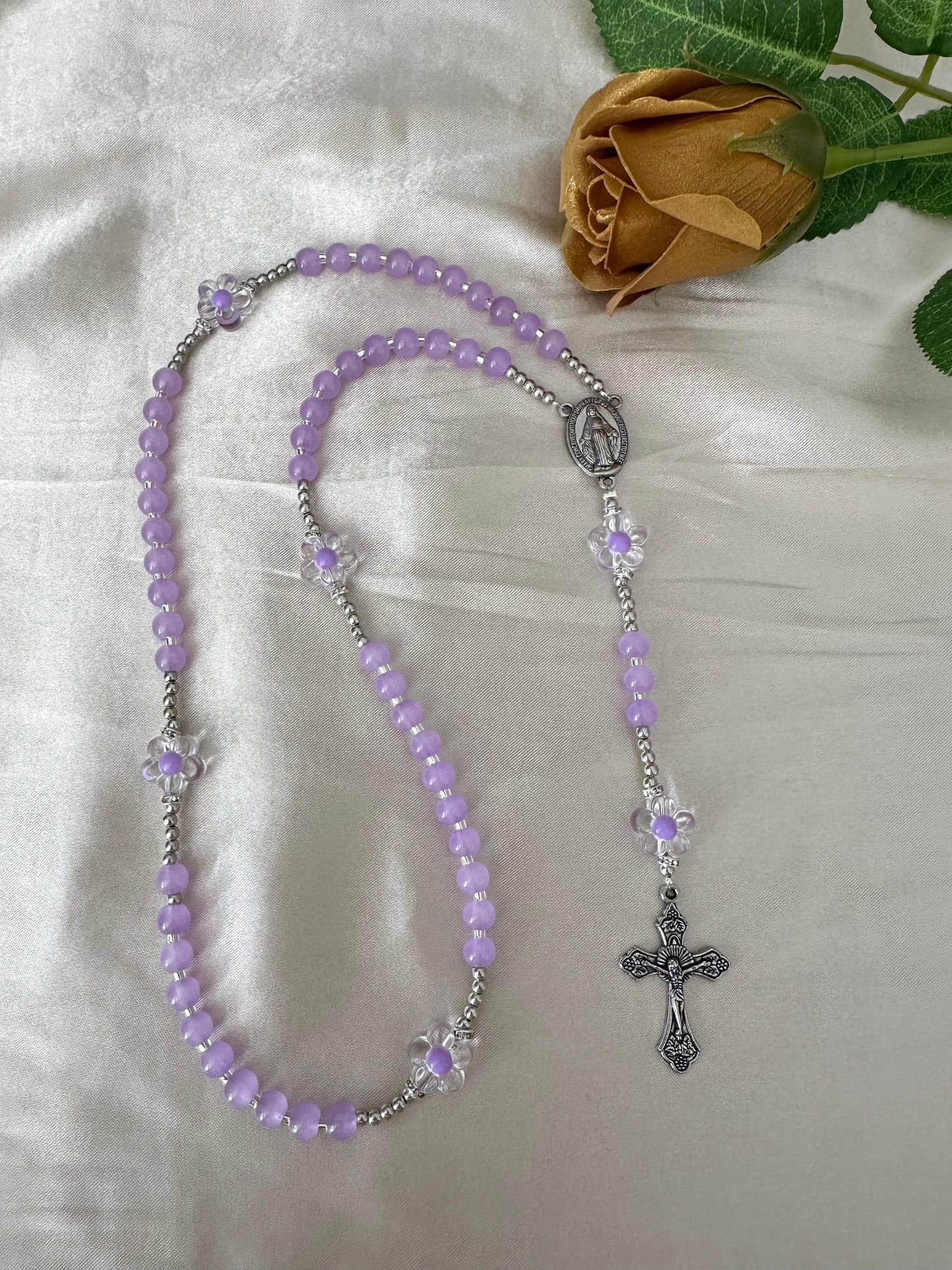 Lilac Blossom Handmade Rosary with lilac glass beads and silver-tone crucifix for prayer and reflection
