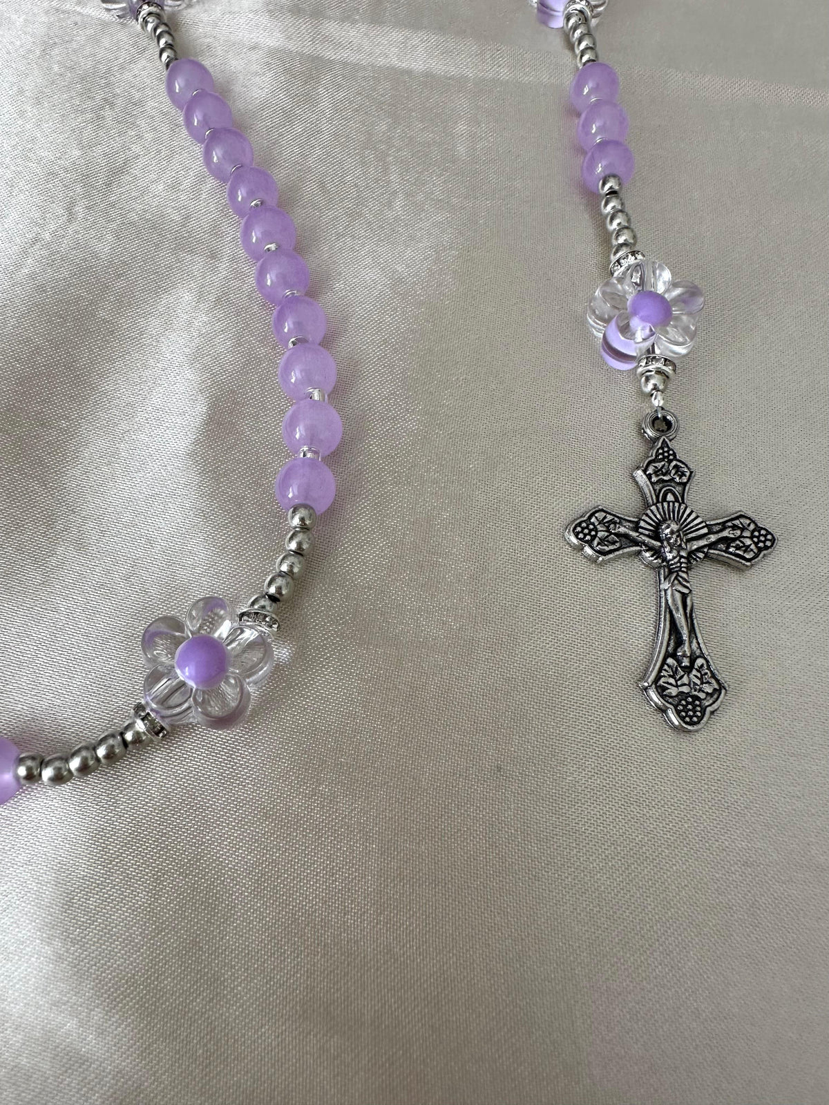 Lilac Blossom Handmade Rosary with lilac glass beads and silver-tone crucifix