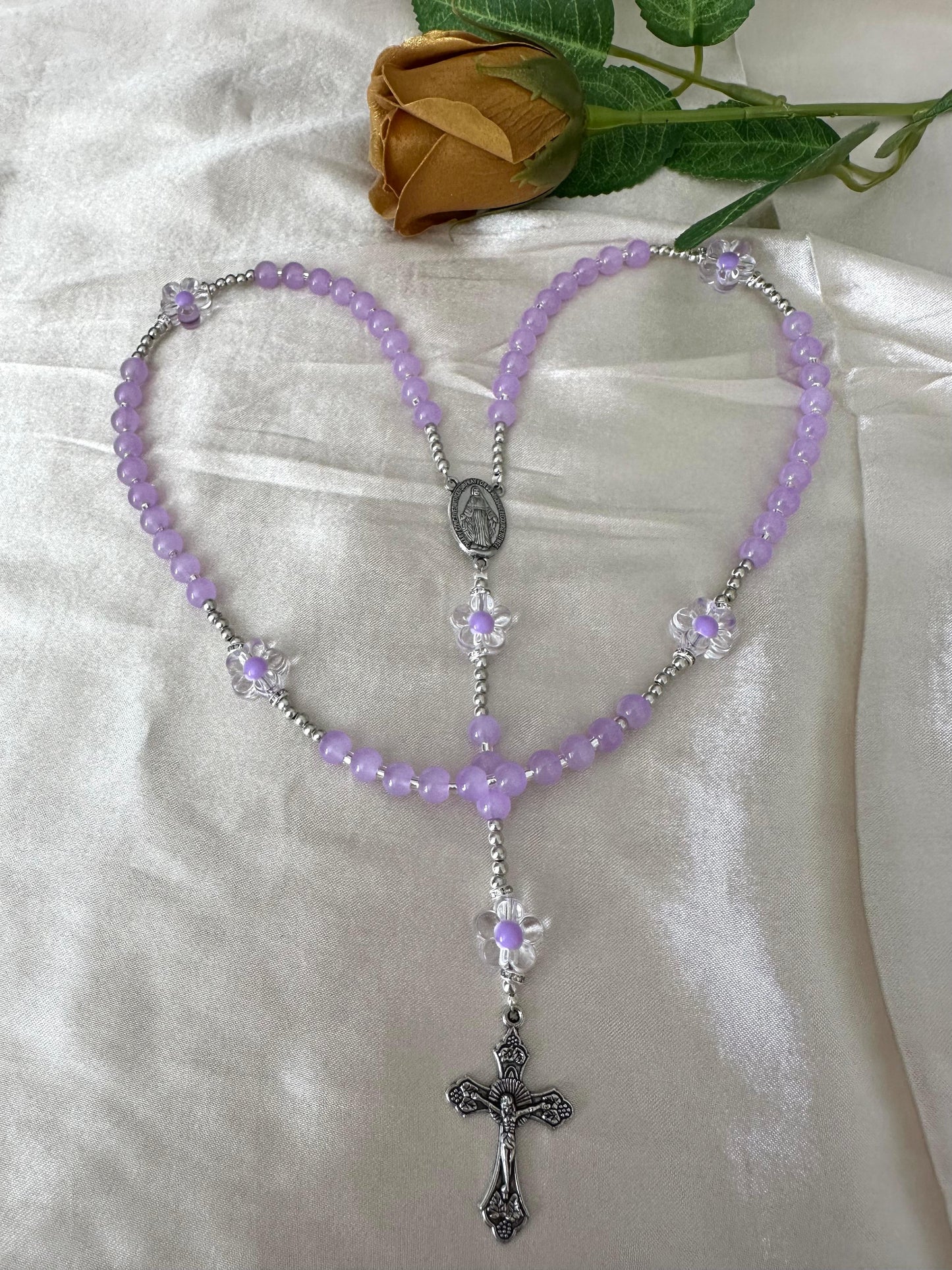 Lilac Blossom Handmade Rosary with lilac glass beads and silver-tone accents for prayer and reflection