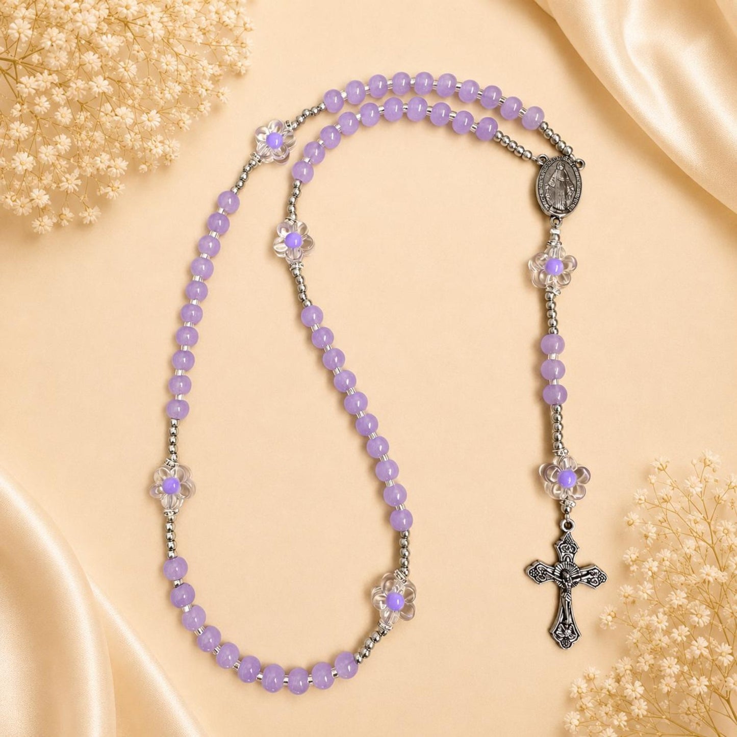 Lilac Blossom Handmade Rosary with lilac glass beads and silver-tone accents for prayer and reflection