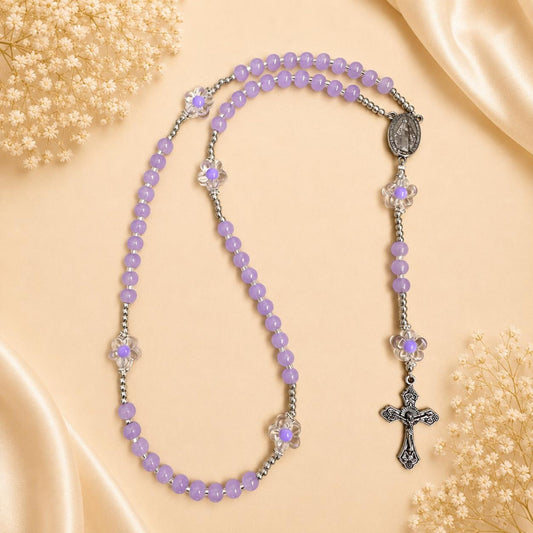 Lilac Blossom Handmade Rosary with lilac glass beads and silver-tone accents for prayer and reflection