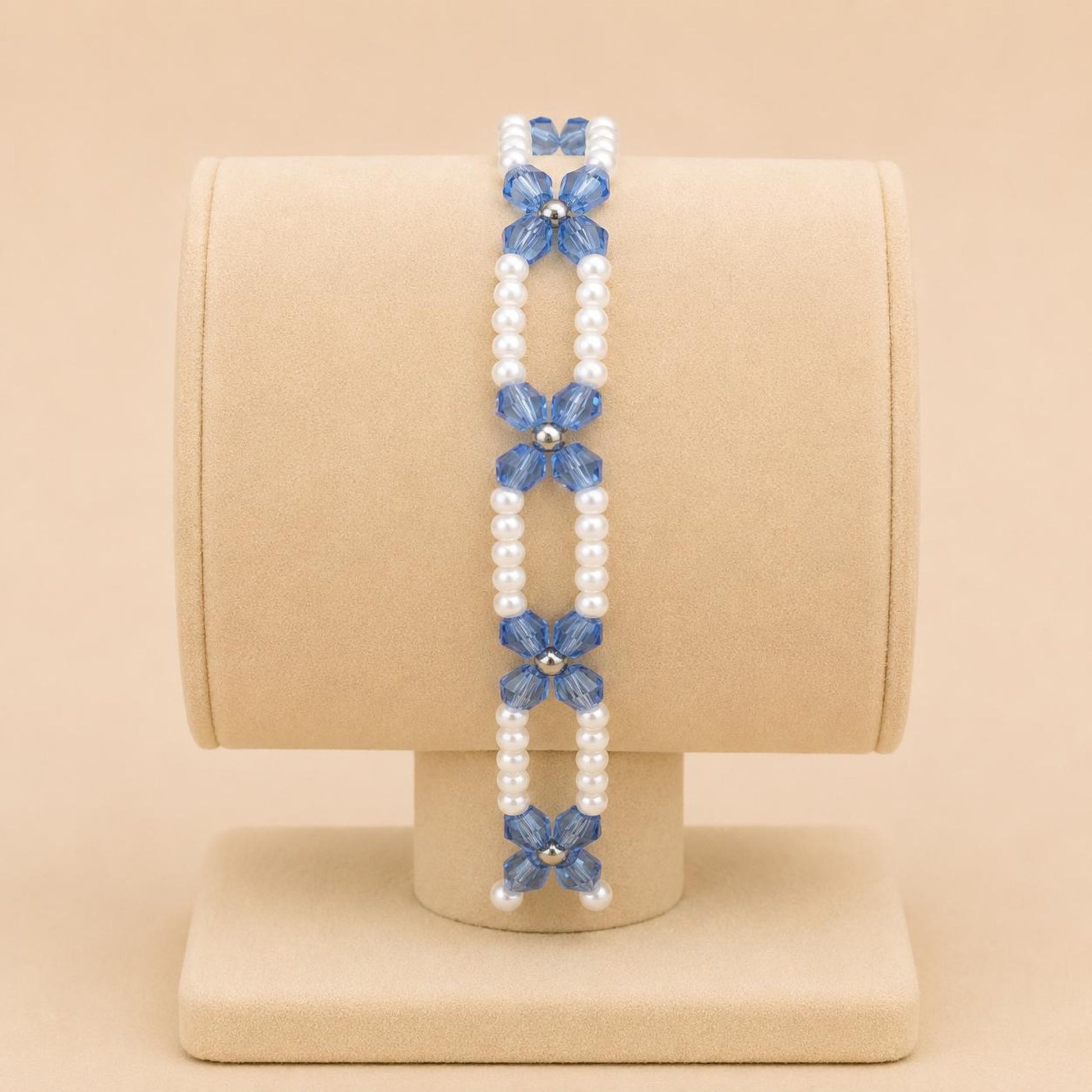 MARINE BREEZE stretch bracelet with white faux pearls, silver, and blue crystal beads on elastic band