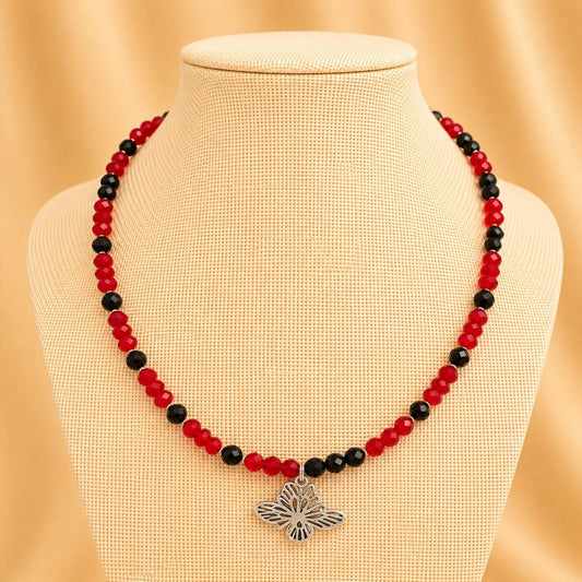 Handmade ARIELLA necklace with red and black crystal beads and silver butterfly design